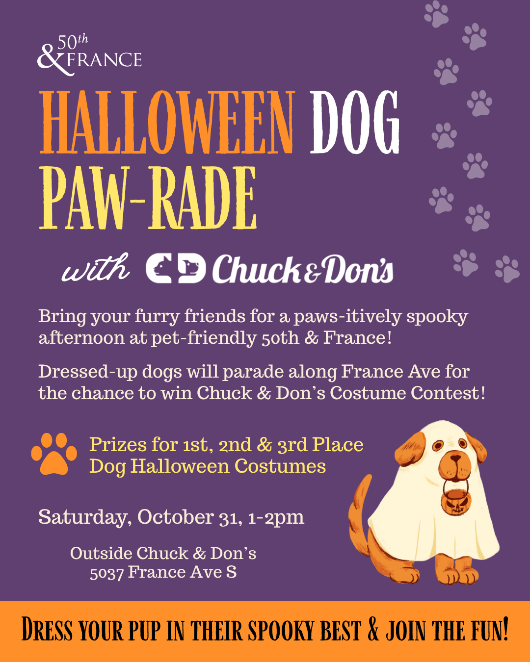 Purple event poster for a Halloween dog paw-RAID with Chuck & Don's, featuring a cartoon dog dressed as a pumpkin, and paw prints along the right side. Details include date, time, location, prizes, and a call to dress dogs in costumes for a contest.