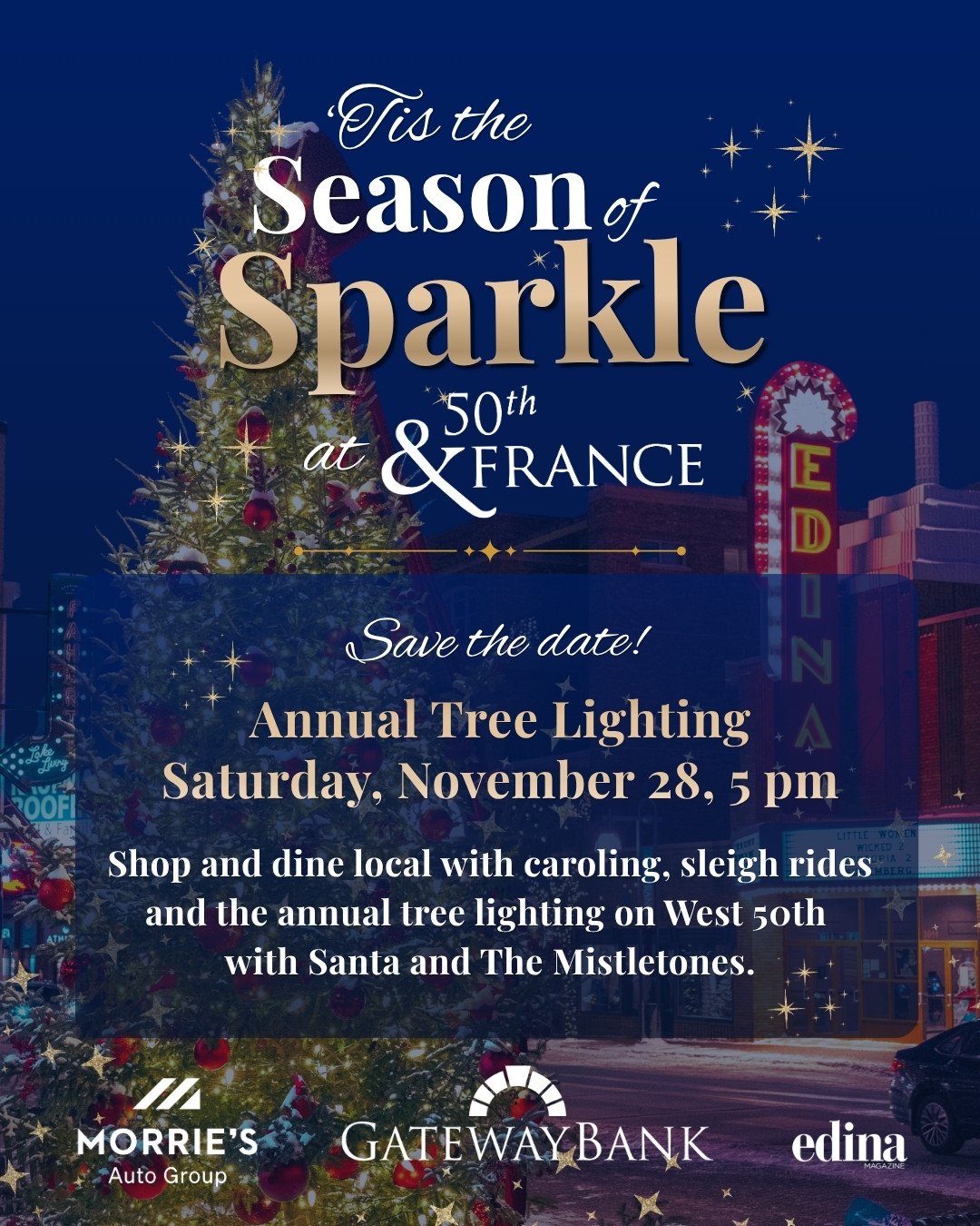 Christmas tree with red ornaments and lights in front of a city street with neon signs, overlaid with event details for 'Tis the Season of Sparkle at 50th & France, including an annual tree lighting on November 28 at 5 pm, with shopping, dining, sleigh rides, and festivities with Santa and The Mistletones.