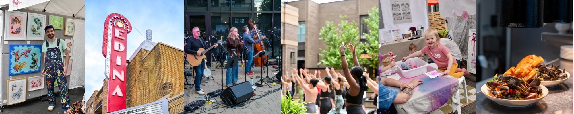 A collage of six images: an artist at an art fair, a neon sign for a theater, a band performing outdoors, a group of people exercising in a park, children arts and crafts at a table, and a plate of cooked mussels.