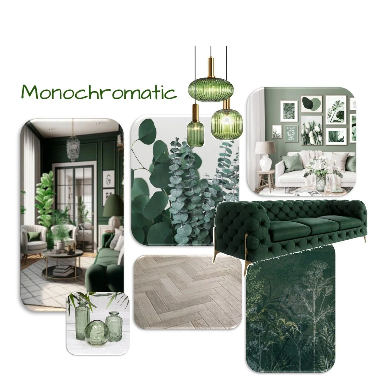 Collage of interior design elements featuring monochromatic green color scheme. Includes living rooms with green walls, green furniture such as a velvet sofa, framed plant art, green pendant lights, and decorative vases.