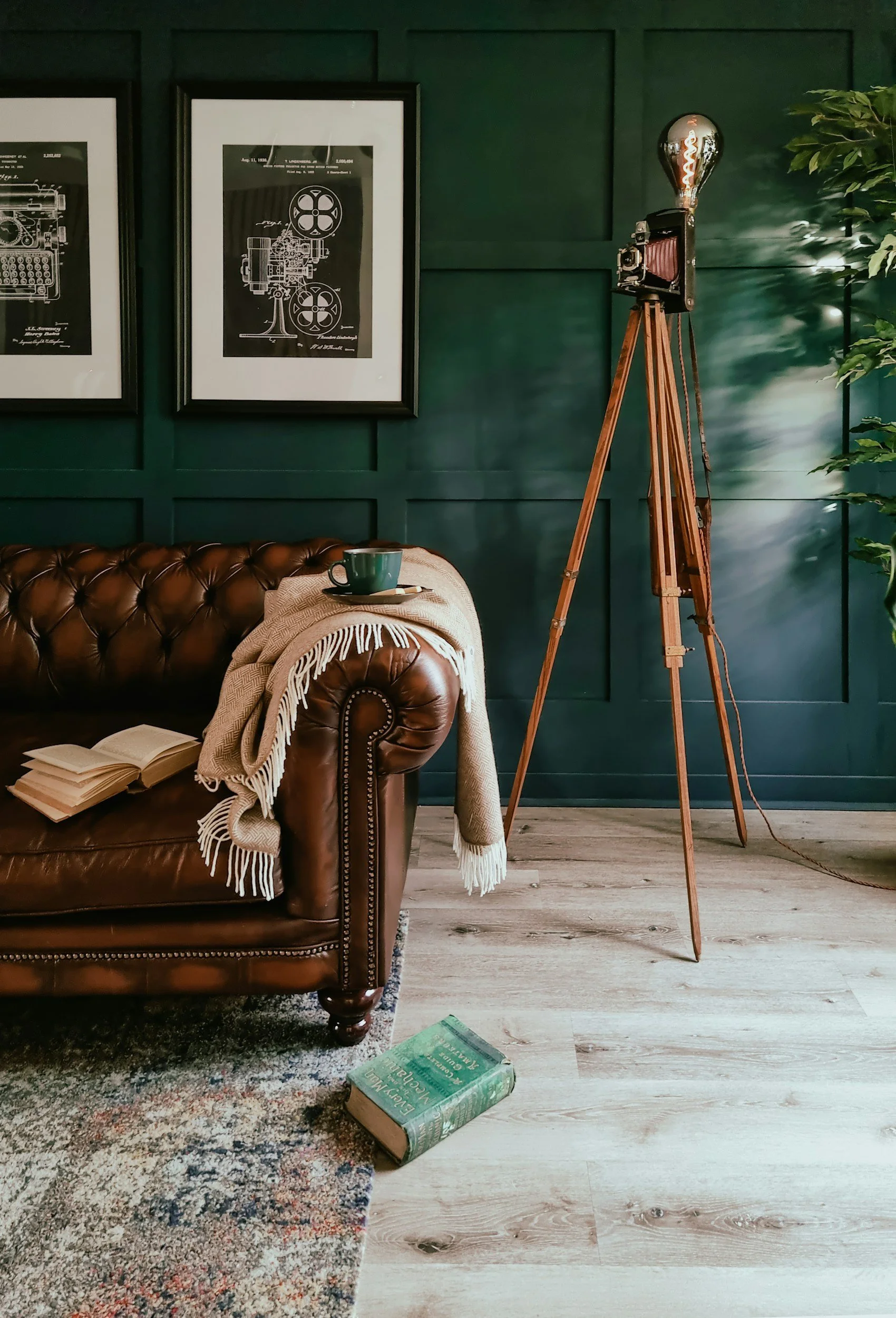 A vintage camera on a wooden tripod in a room with dark green paneled walls, framed blueprint posters, a brown leather tufted sofa with a beige blanket and a green mug on it, an open book on the wooden floor, a colorful rug partially visible, and a potted plant with green leaves.