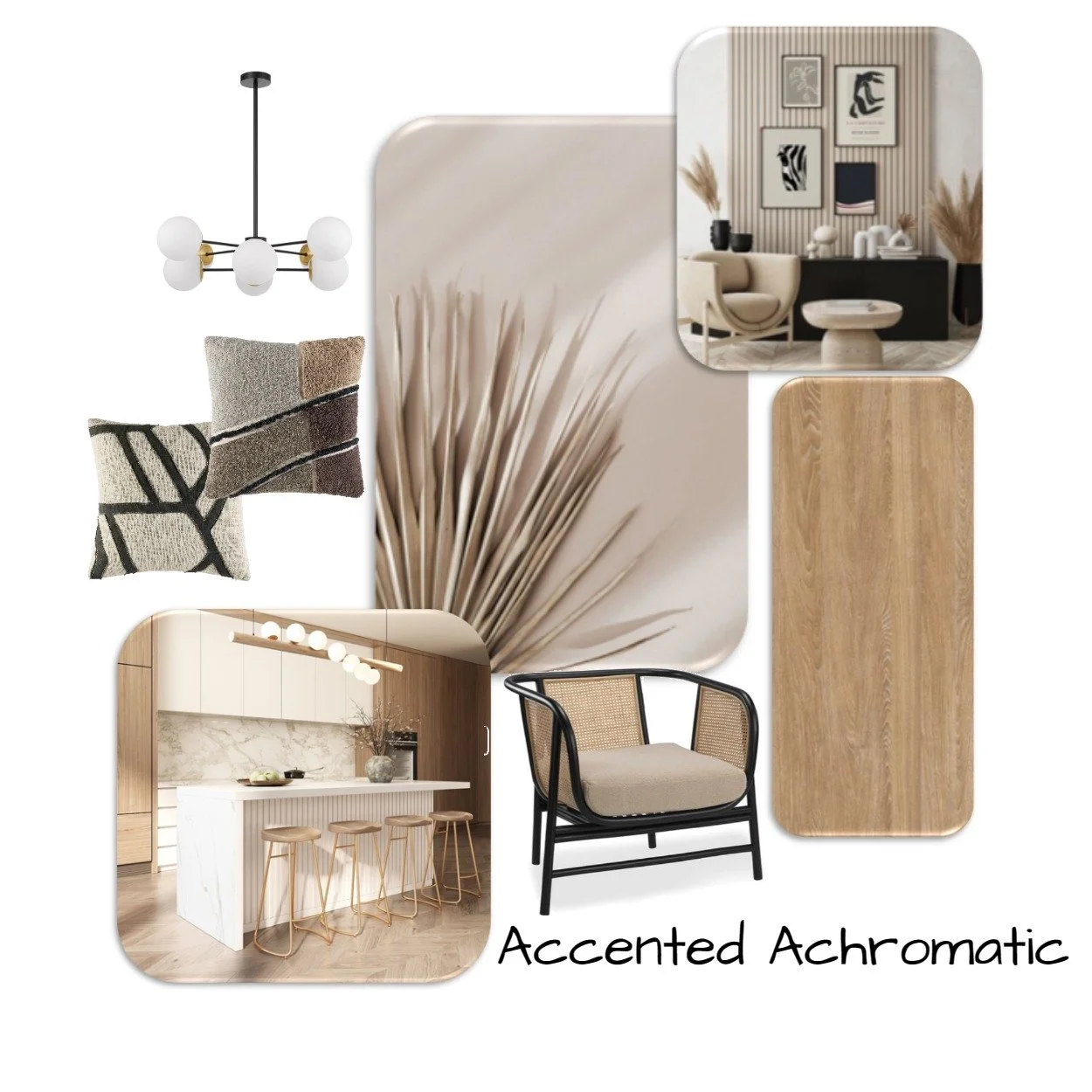 Interior design mood board with beige, black, and natural wood tones, featuring abstract art, pillows, a black armchair, wooden table, kitchen with bar stools, and modern lighting.
