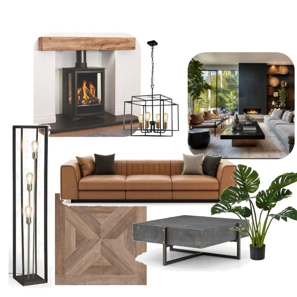 Living room interior design collage featuring a modern fireplace, a black chandelier, a large sectional sofa, a tall black floor lamp, a wooden side table, a concrete coffee table, a green houseplant, and an additional room image showing a cozy livin