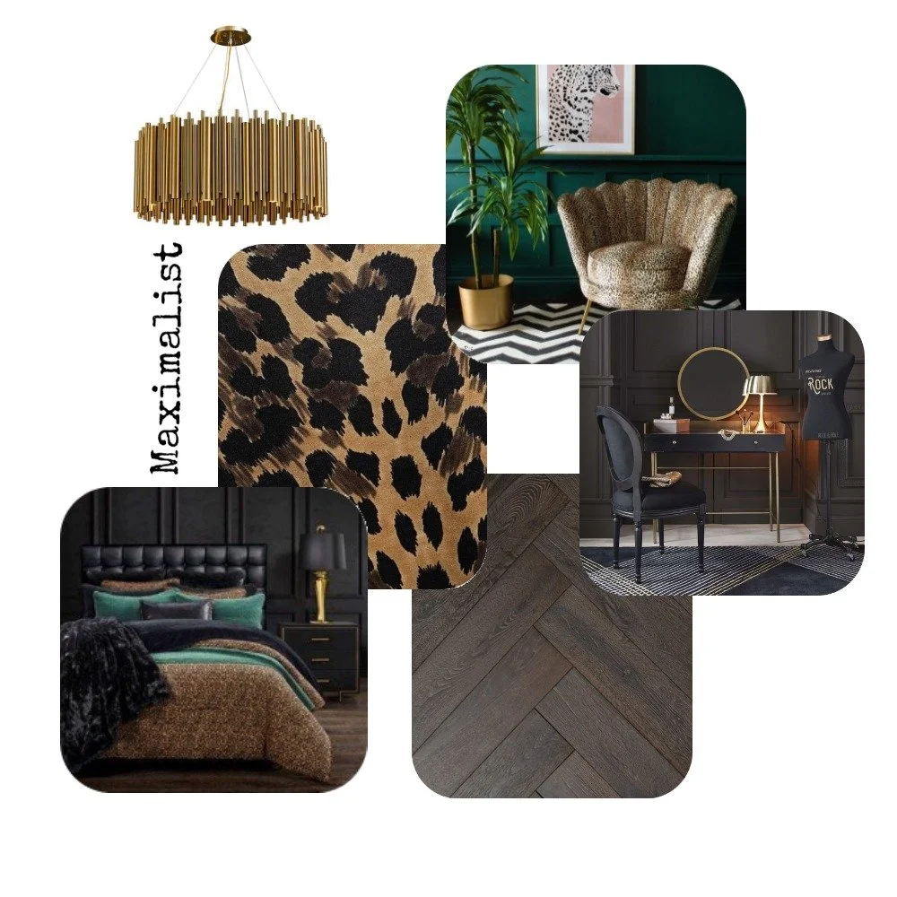 Collage of interior design elements including a gold chandelier, a green and animal print chair in a room with a plant and chevron rug, leopard print fabric, a black and gold vanity with a lamp and dress form, a black tufted bed with green and brown 