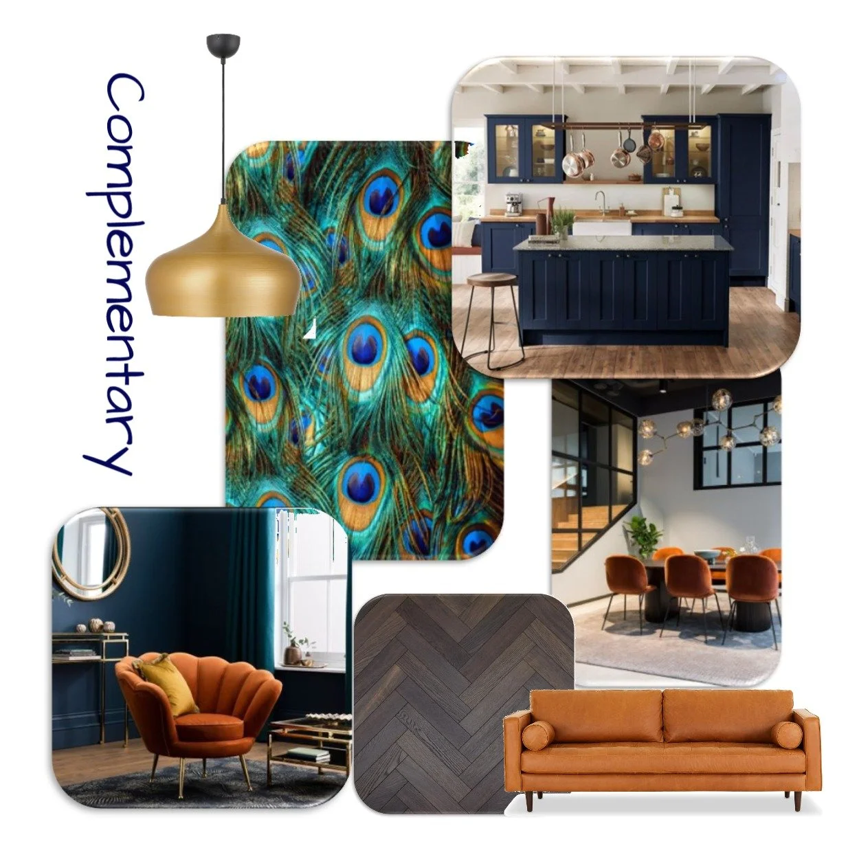 Collage of interior design elements including a peacock feather wallpaper, a blue and brown kitchen, a dining area with burnt orange chairs, a sofa, a herringbone wood floor sample, a black curtain with a gold mirror, and a gold pendant lamp.