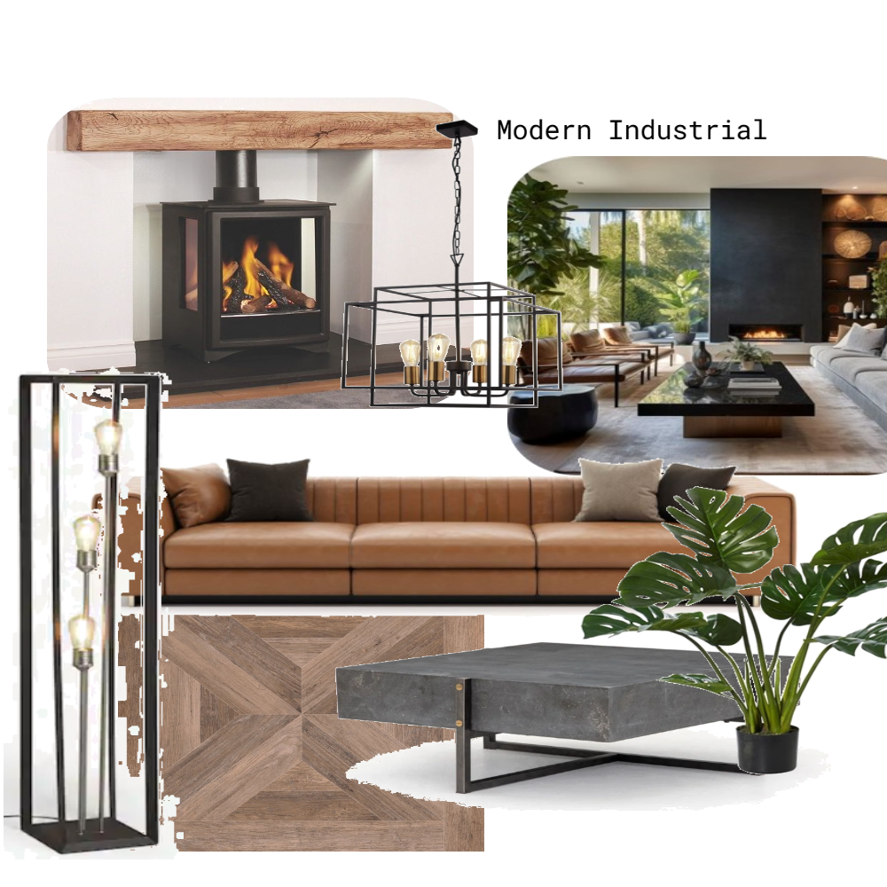 Collage of modern interior design elements including a fireplace with wooden mantle, contemporary lighting fixtures, a spacious living room with large windows, a leather sofa with pillows, a coffee table, a potted plant, and a hardwood floor section,