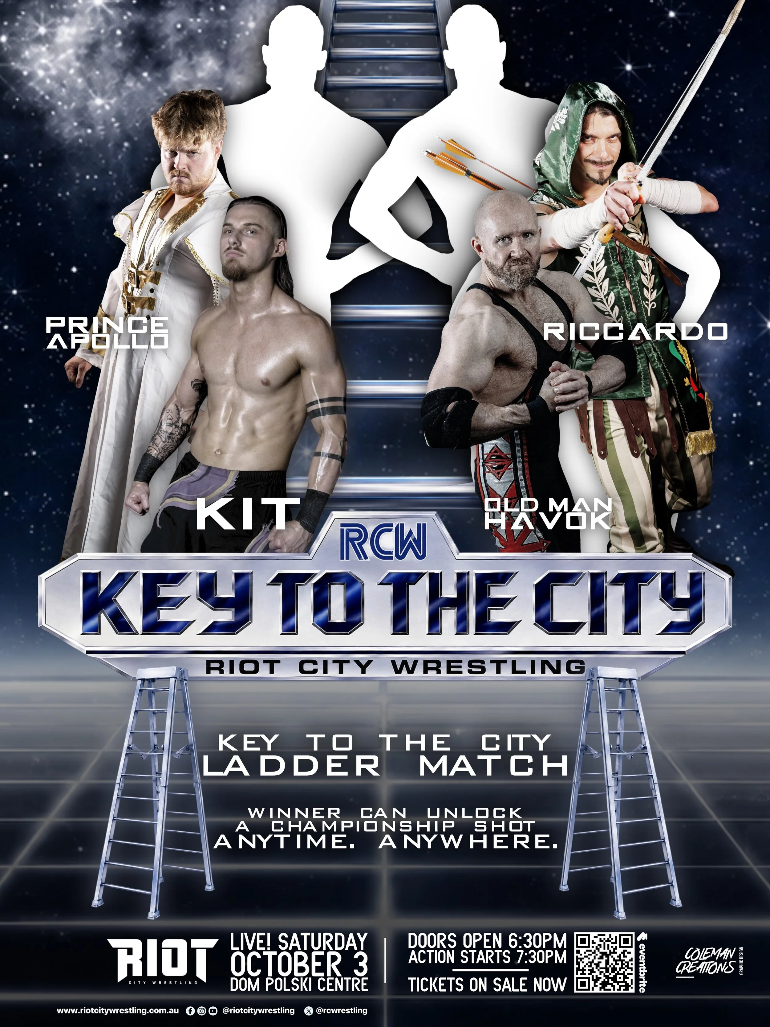Exclusively on riotcitywrestling.com.au yesterday, @riccardo_theadventurer was announced as the fourth entry into the 2026 Key to the City Ladder Match!🔑🪜

He joins @he_is_kit, @havok_pro_wrestler, and @princeapollo_pw - but who will fill the final