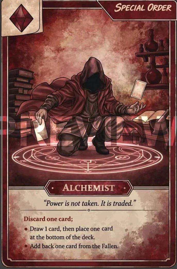 A fantasy-themed card titled "Alchemist" from a game, featuring a hooded figure surrounded by books, bottles, and magical symbols, with the quote "Power is not taken. It is traded." The card has game instructions for discarding and drawing cards.