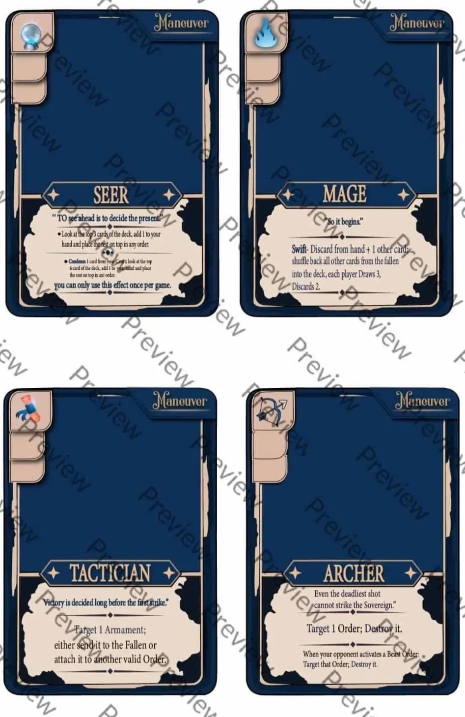 Seer, Mage, Tactician, and Archer. All different Factions/Orders/Classes from Sovereign's Gambit, a strategic game that balances luck and skill without the broken combos witnessed in modern games like Pokémon and Magic: The Gathering.