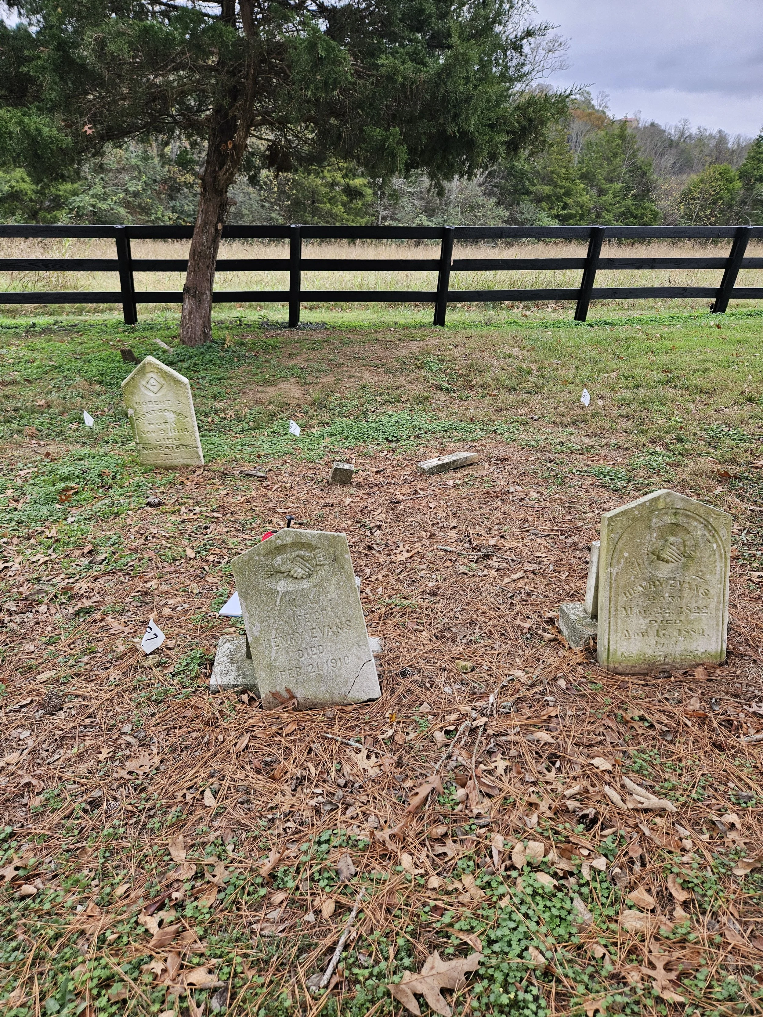 Headstones before restoration work. Front left: Headstone of M.A., Wife of Henry Evans