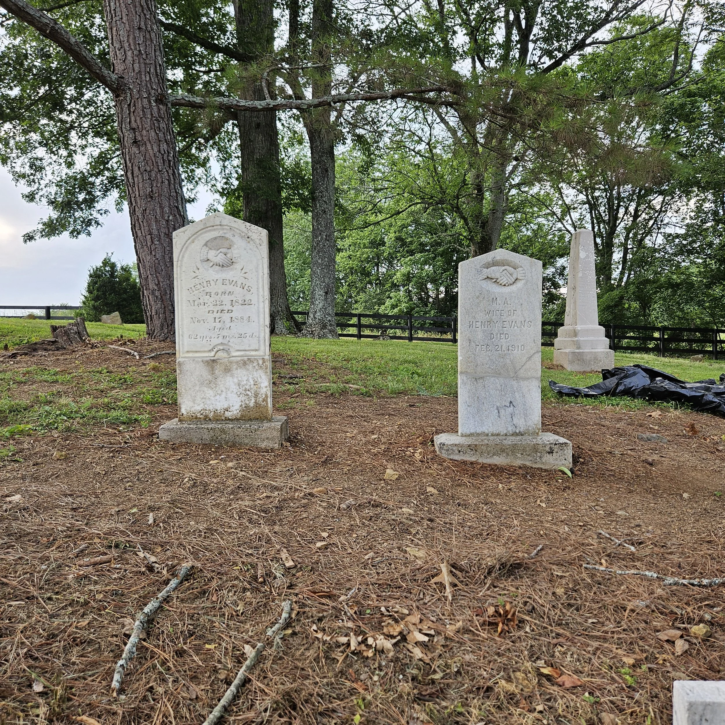 Headstones after restoration work. Front right: Headstone of M.A., Wife of Henry Evans
