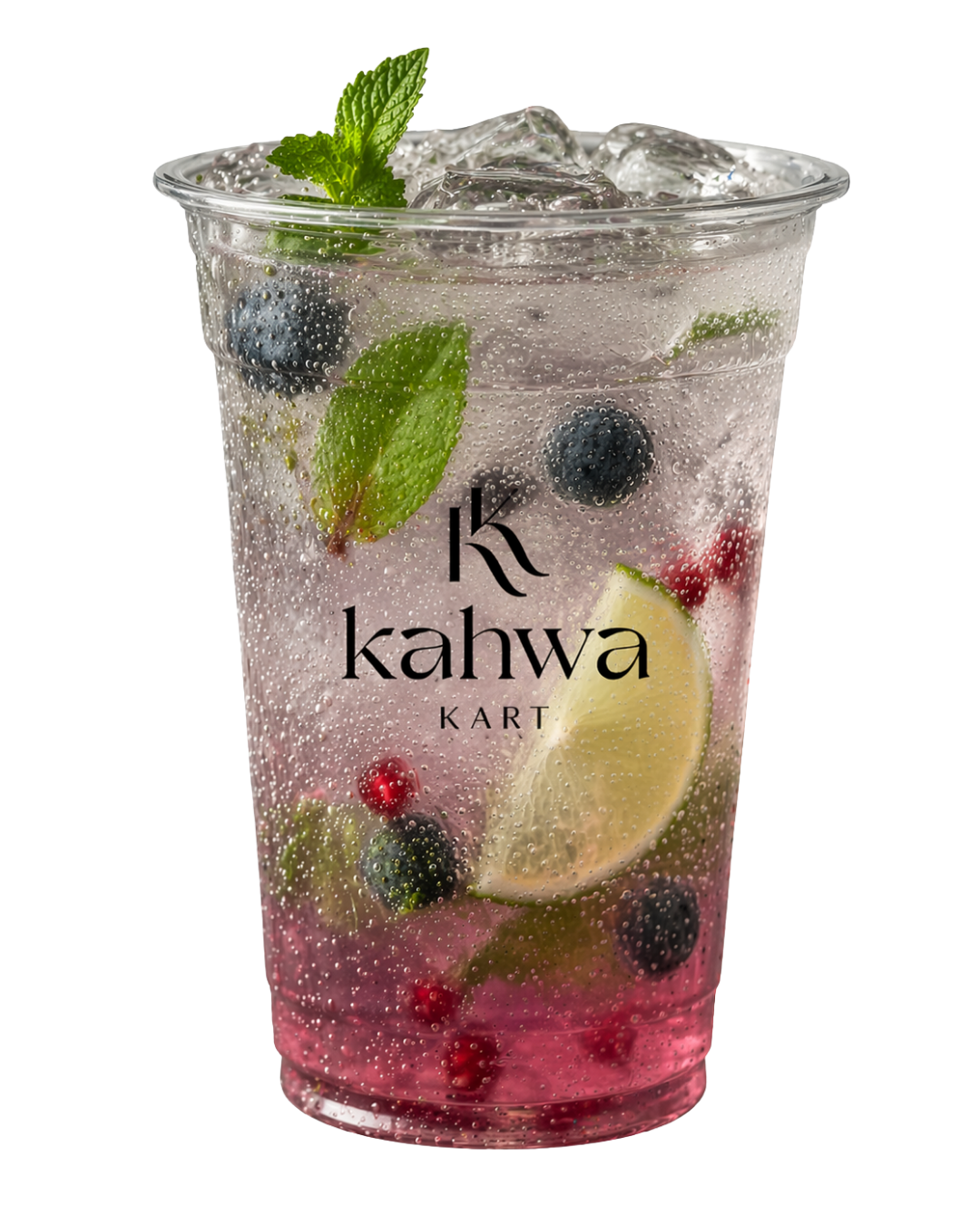 A clear plastic cup filled with sparkling water, ice, blueberries, raspberries, lime slices, and mint leaves, labeled 'K kahwa KART'.
