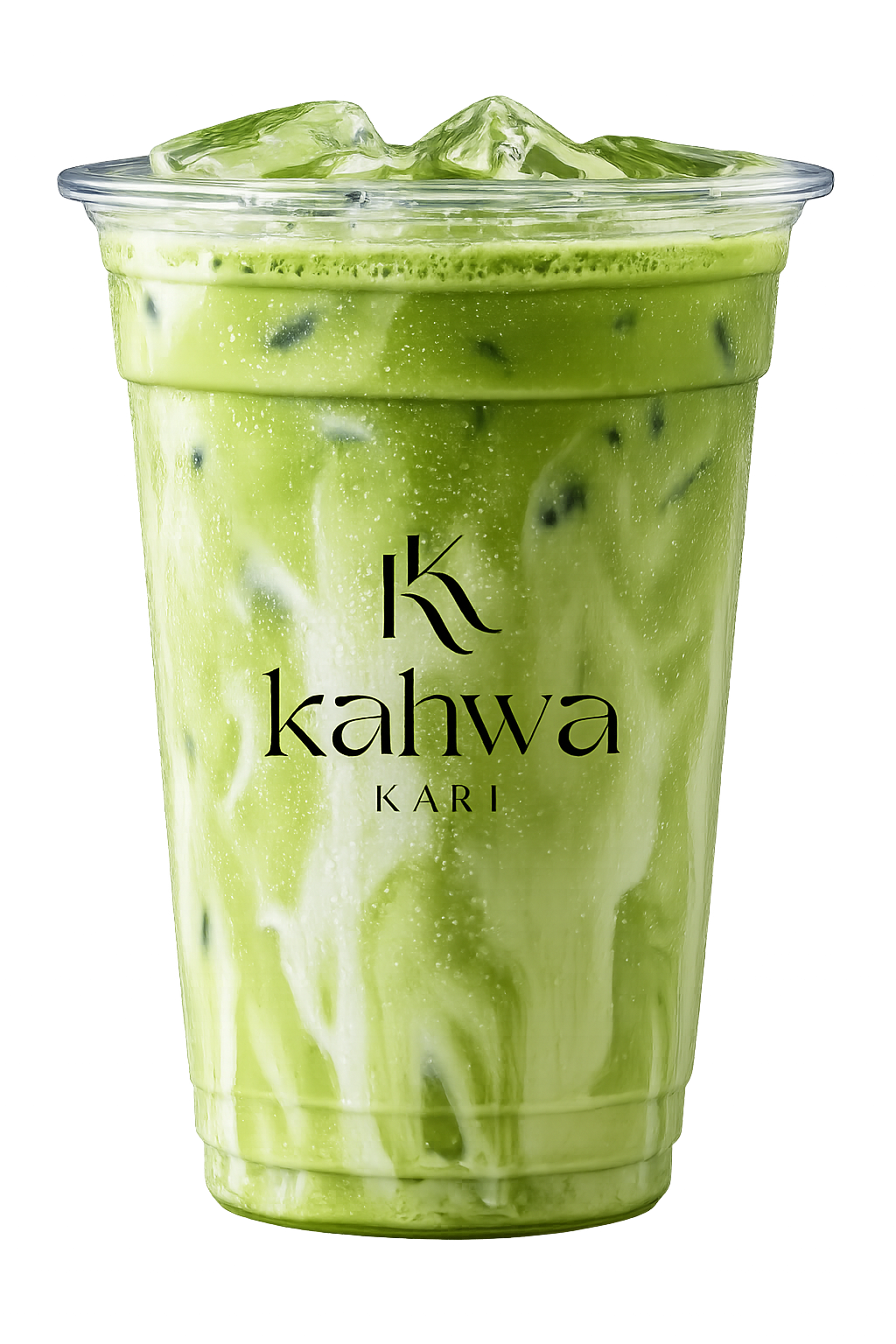 A clear plastic cup filled with a green matcha latte with ice cubes and stirring swirls, labeled with the brand 'K kahwa KARI'.