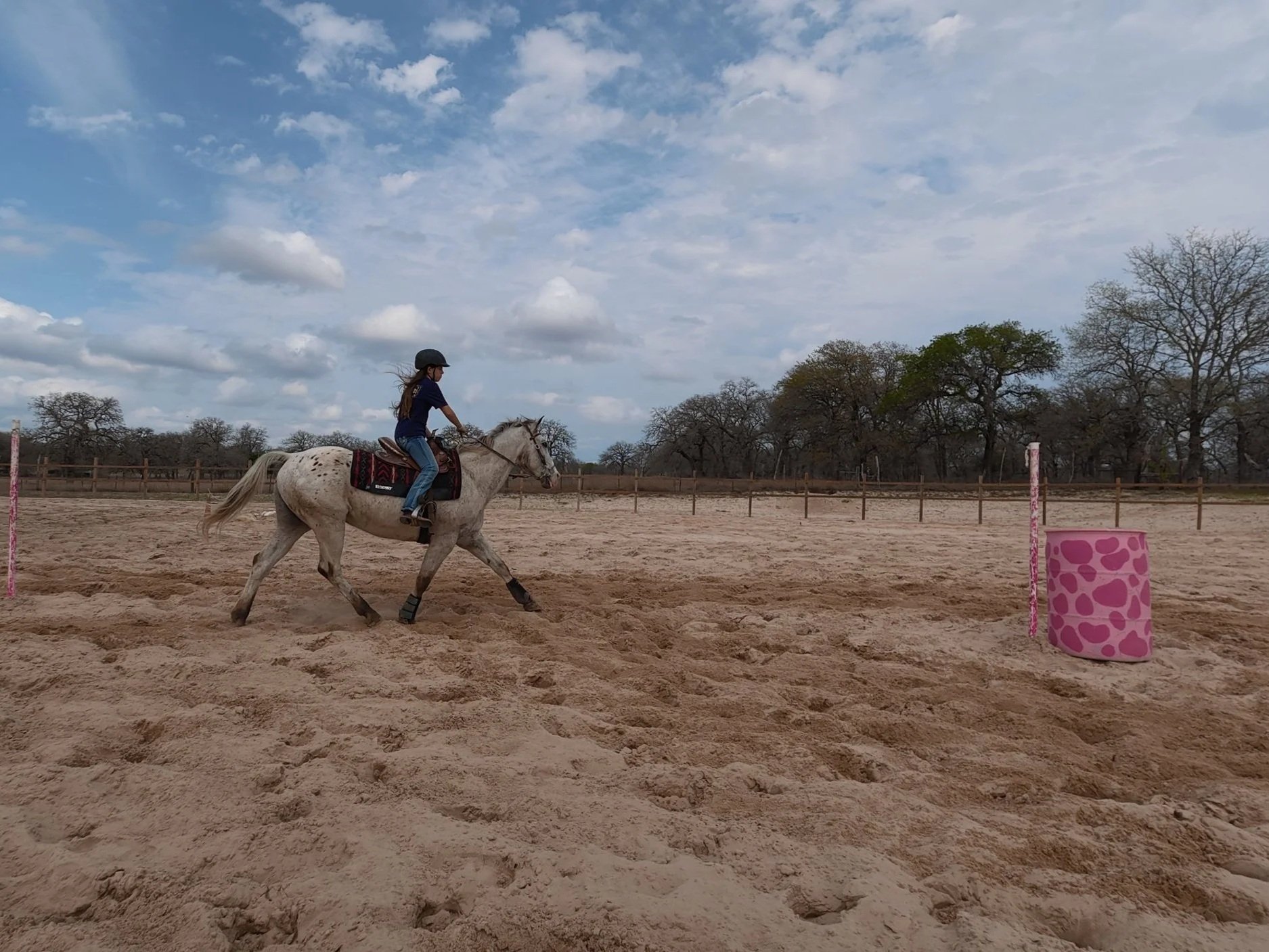 Rider working a white horse in the arena at The Gentle Cowgirl in Stockdale, TX — western horse training and riding lessons near San Antonio