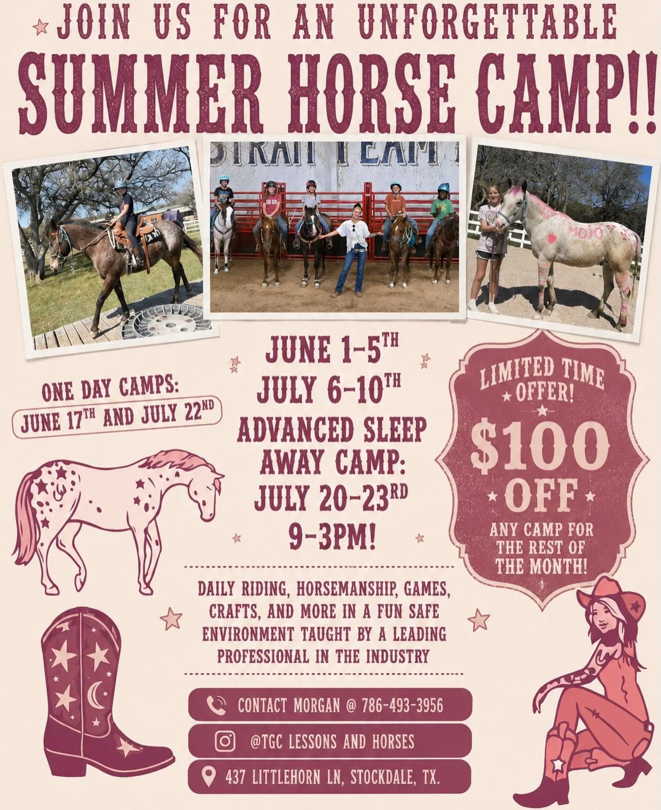 Flyer for a summer horse camp with images of children riding horses and a horse with pink decorations. The flyer advertises various camp dates, a discount offer, and activities such as riding, games, crafts, and more, held at a location in Texas.