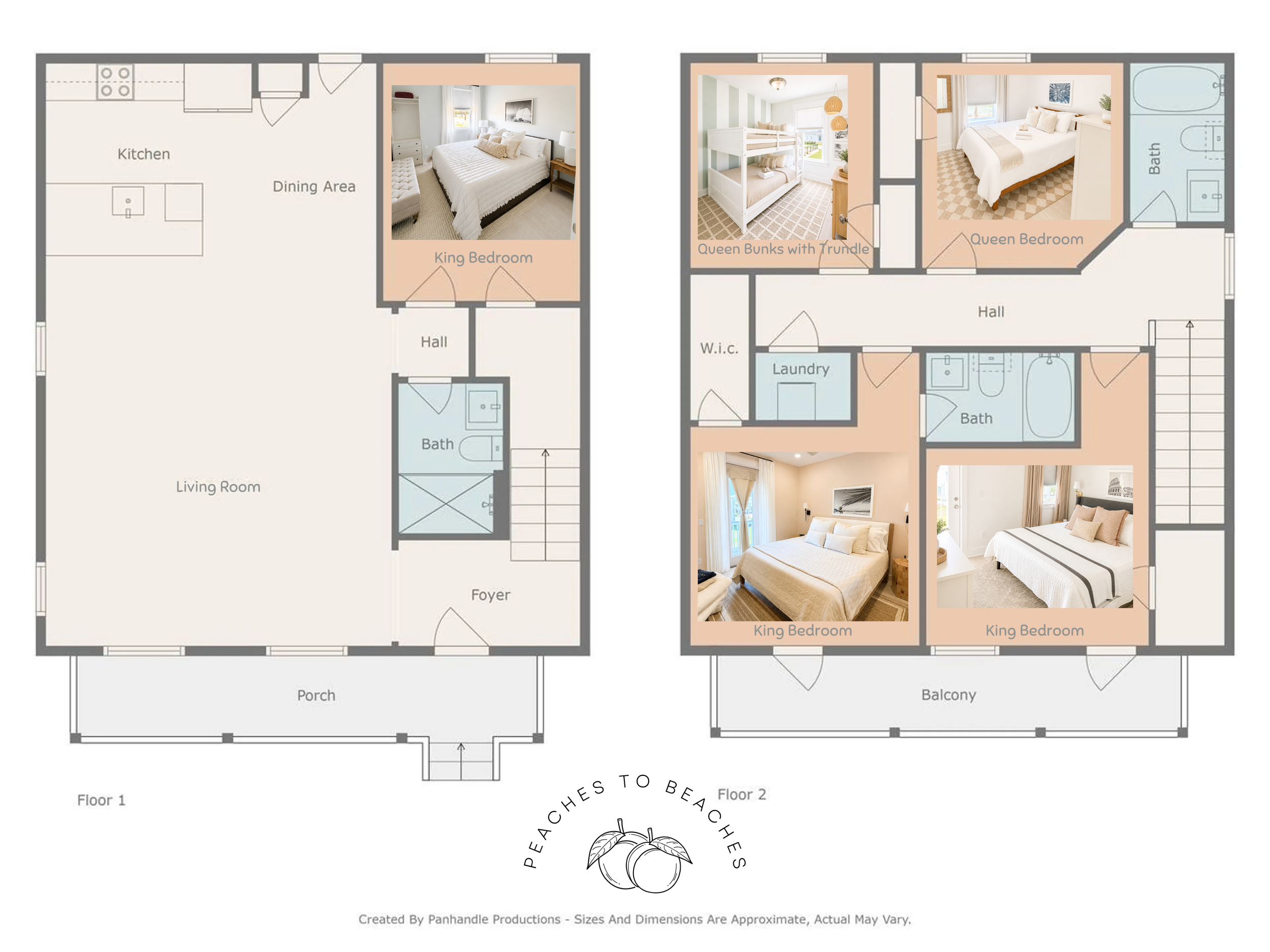 Floor plan of a two-story house with labeled rooms, including king bedrooms, queen bedrooms with trundles, bathrooms, laundry, hallway, foyer, porch, and balcony, with interior photos of bedrooms included.