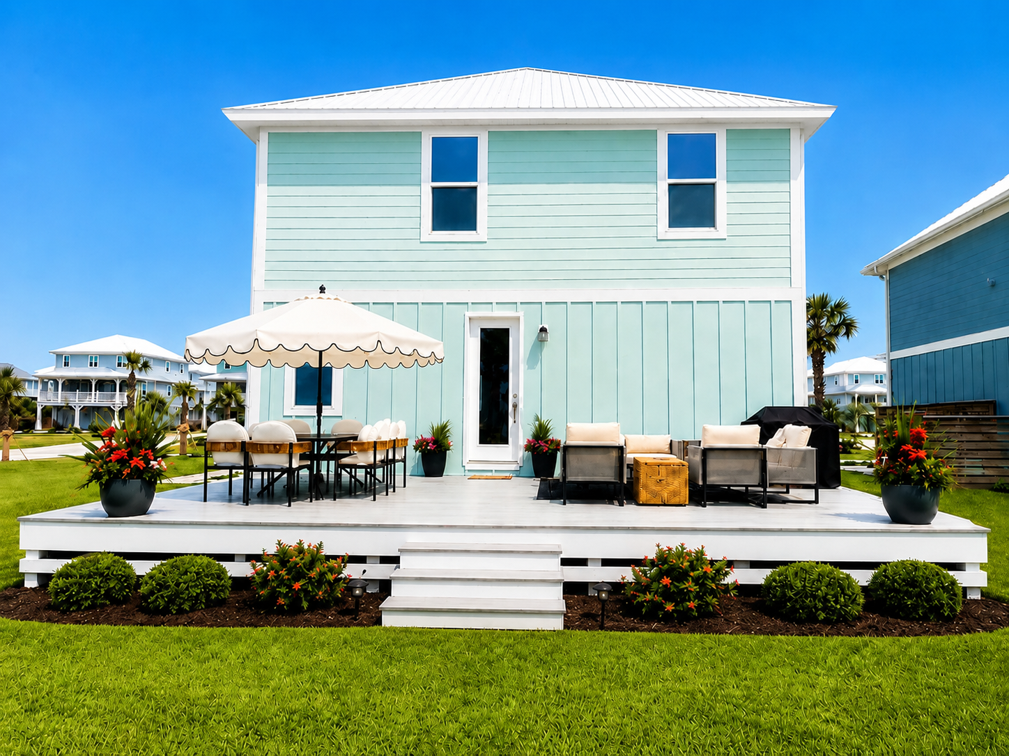 A light blue two-story house with a white metal roof, a front door with glass, and four windows. There is a wooden deck with outdoor furniture, including a round dining table with an umbrella and chairs, a seating area with couches, chairs, a small table, and potted plants. The yard has green grass, flowers, and landscaping under a clear blue sky.