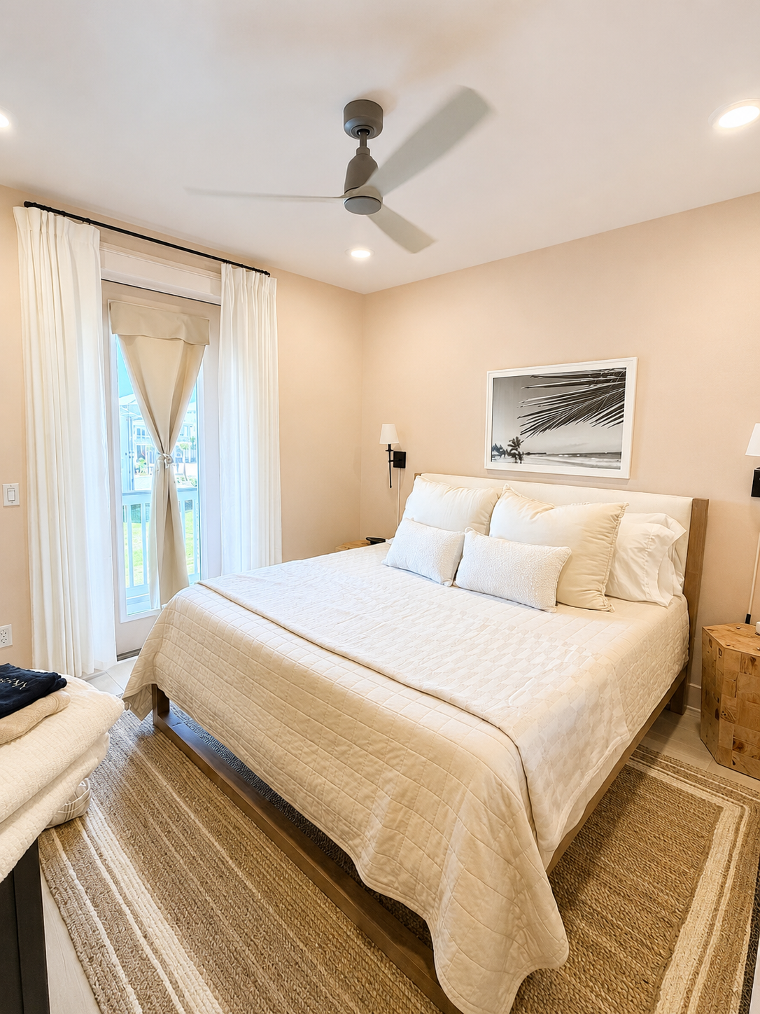 A cozy bedroom with a king-sized bed dressed in white bedding, featuring four pillows, with wall-mounted lamps and a framed black-and-white beach photograph, beige walls, white curtains, a ceiling fan, and a window leading to a balcony.