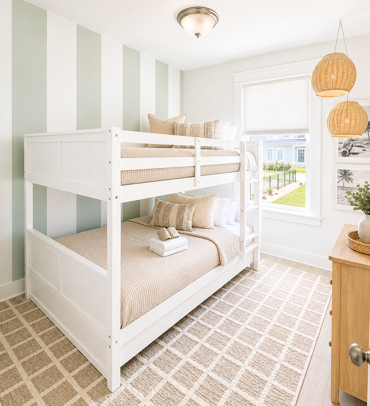 A bright bedroom with a white bunk bed, beige bedding, and decorative pillows. A window with white blinds lets in natural light, and there are black and white coastal-themed pictures on the wall. Rattan pendant lights hang from the ceiling, and a wooden dresser with a potted plant is nearby. The room has light hardwood flooring and a beige patterned rug.