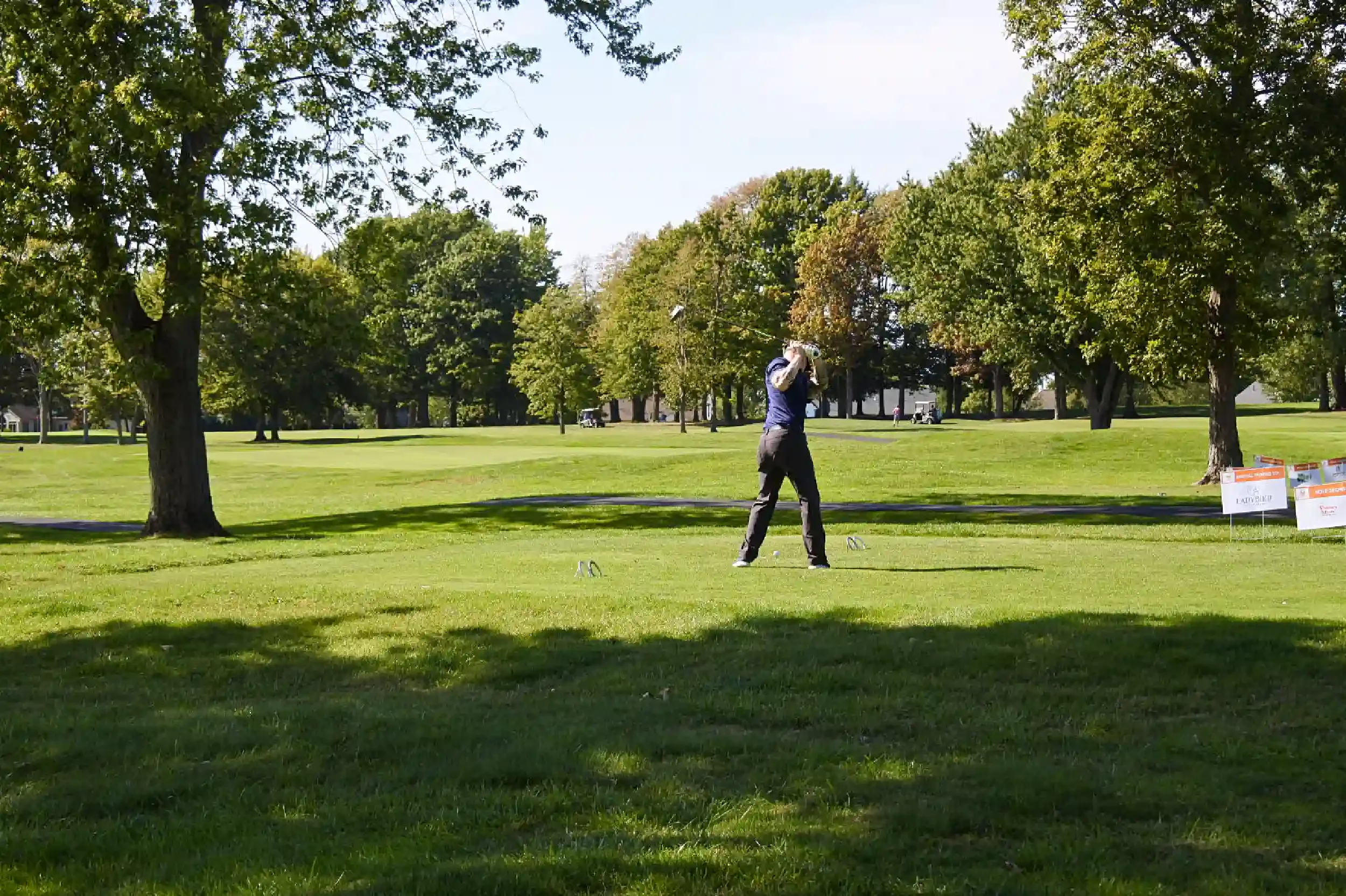 A person playing golf on a sunny day, swinging a golf club on a green course with trees and a golf cart in the background.