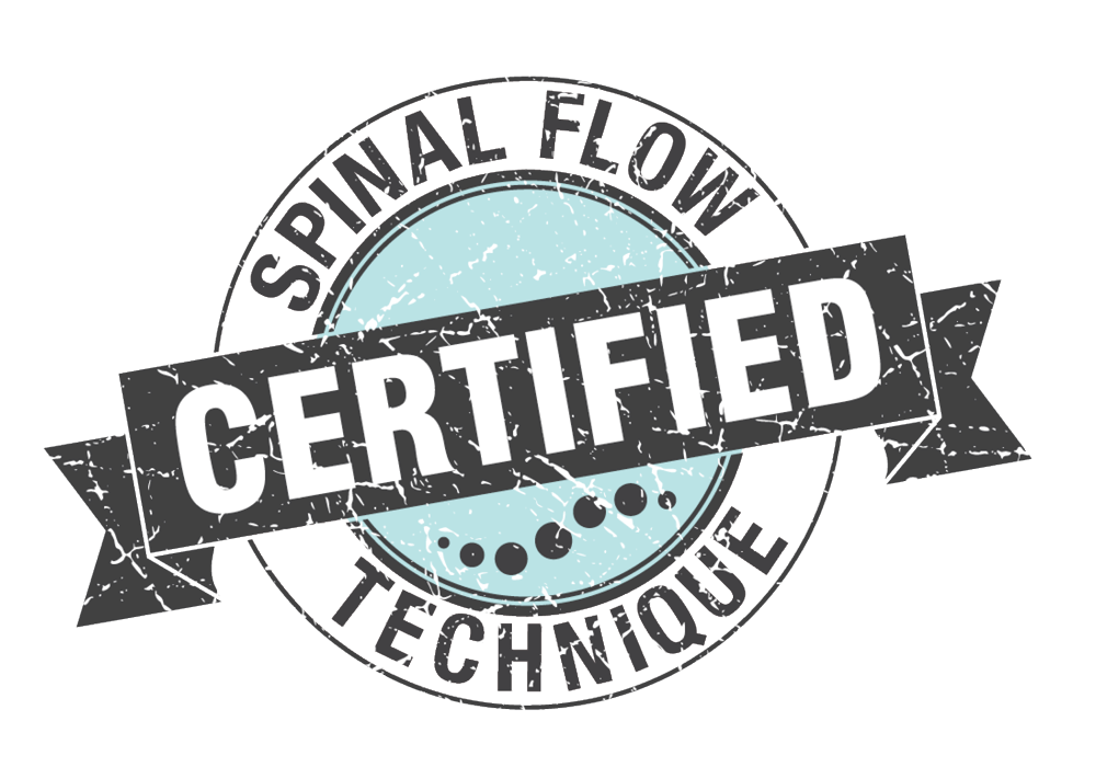 A circular badge with a distressed look that says "Certified" across a banner, with "Spinal Flow Technique" written around the circle.