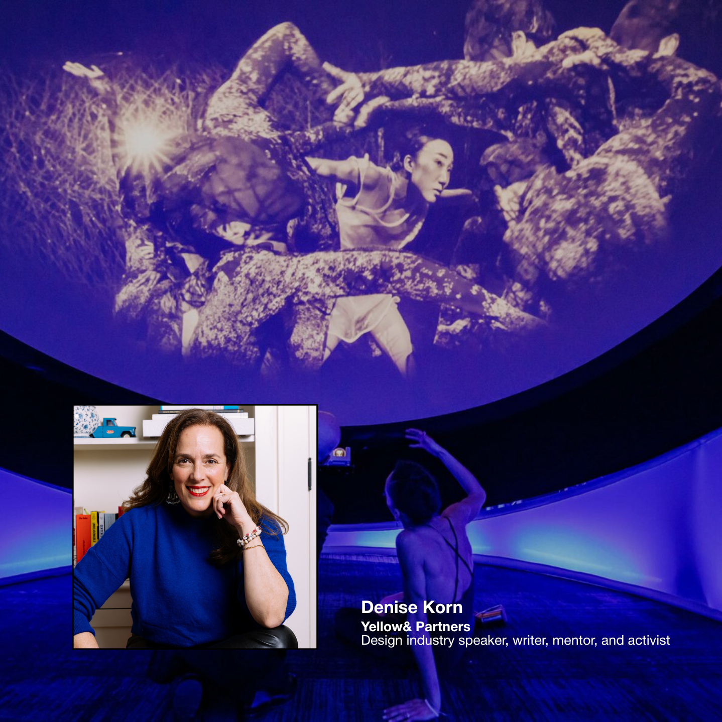 Photograph of Denise Korn, a design industry speaker, writer, mentor, and activist, smiling and leaning on her hand against a white background with books and toys. The larger background shows a woman in a creative pose surrounded by large rocks in a dark, artistic setting.