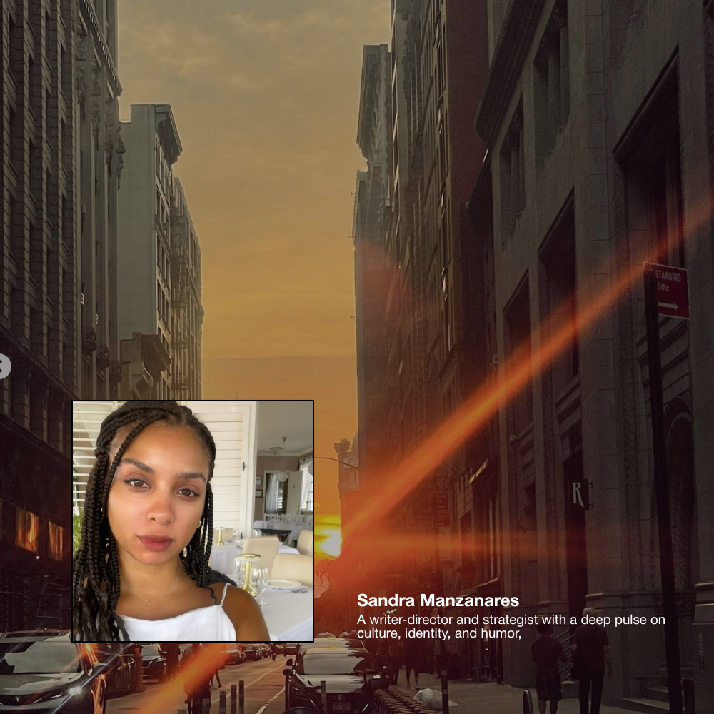 Sunset over a city street with tall buildings and parked cars, with a photo inset of a woman with dark braided hair and a white top, and text indicating her name as Sandra Manzanares, a writer-director and strategist.