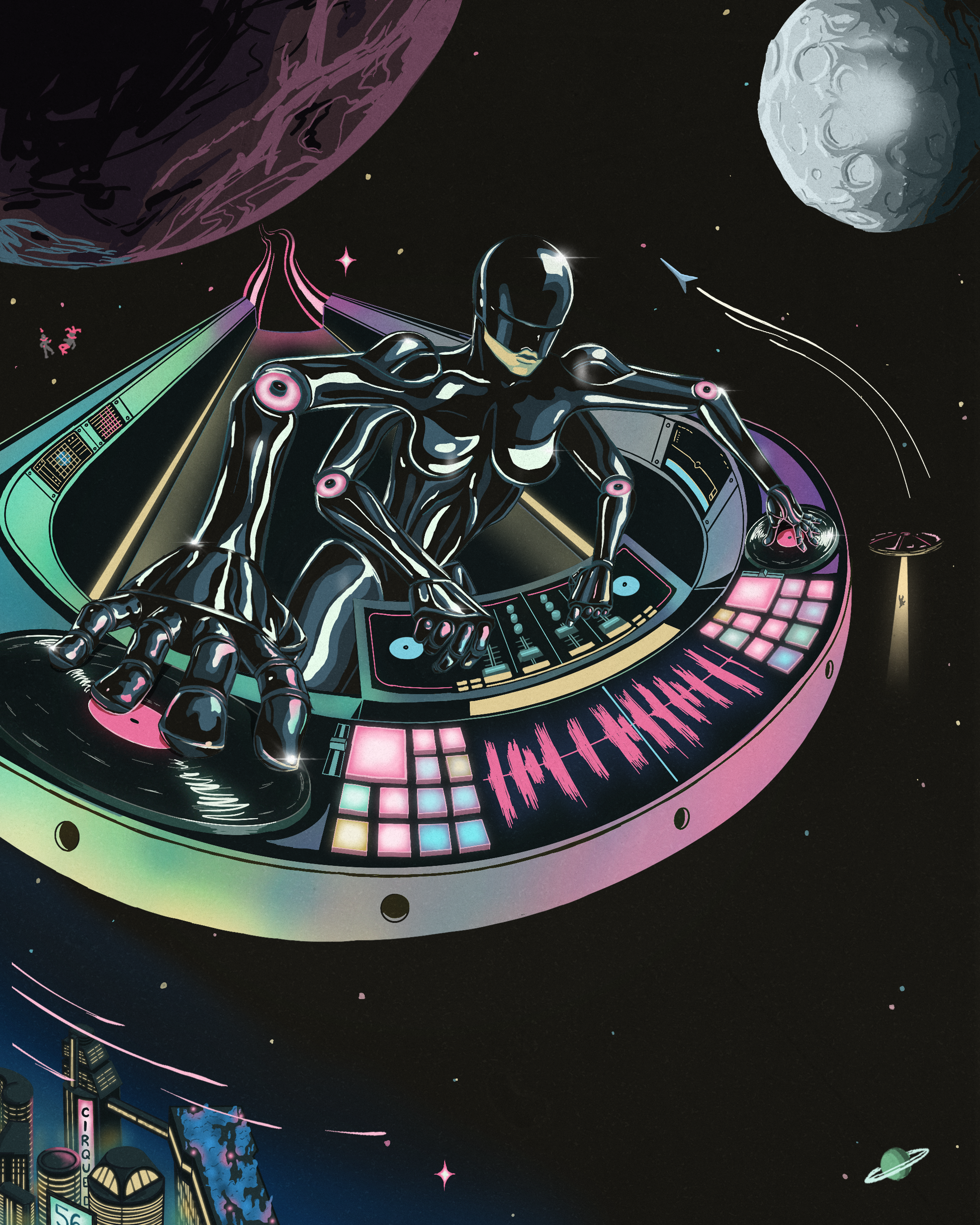 A futuristic space scene featuring a humanoid robot DJ on a spaceship deck with planets and stars in the background.