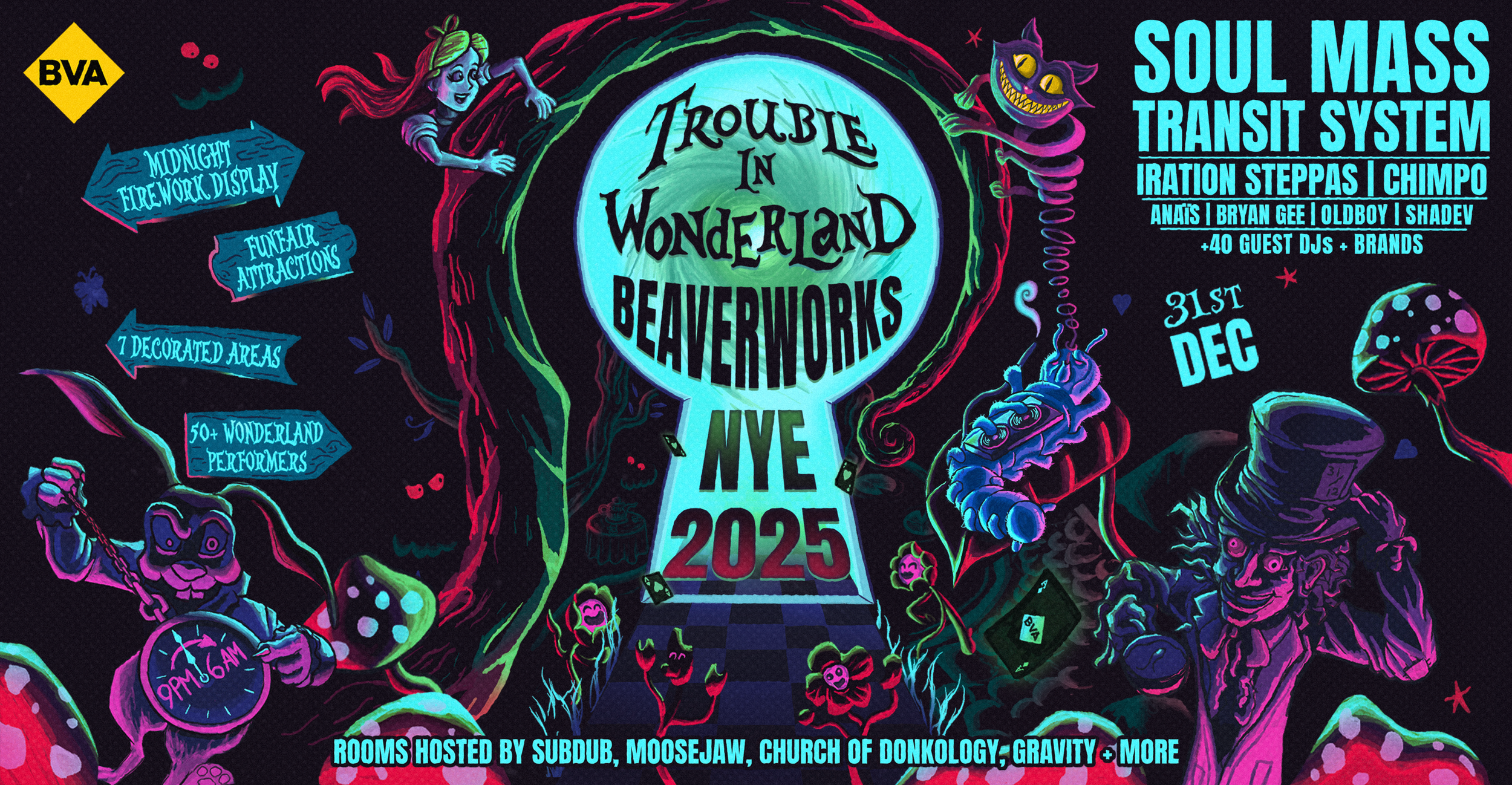 Colorful digital illustration for an event called "Trouble in Wonderland Beavworks NYE 2025." Features whimsical characters, signs pointing to attractions like fireworks display, funfair attractions, decorated areas, and performances. Sudub, MooseJaw, Church of Donkology, Gravity