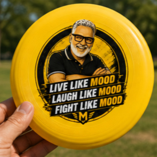 Person holding a yellow frisbee with a photo of an older man, along with the text 'Live like mood, laugh like mood, fight like mood' printed on it.