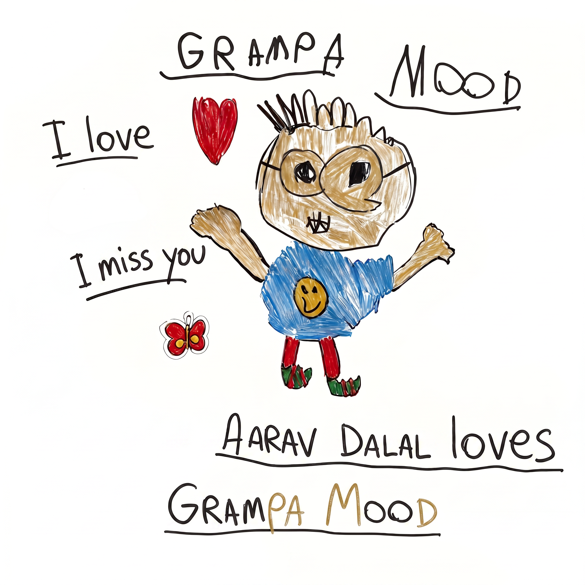 Hand-drawn colorful poster with a cartoon character, a man with glasses and a blue shirt, surrounded by handwritten text including "Grandpa" and "Love" and a red heart, and a yellow butterfly.