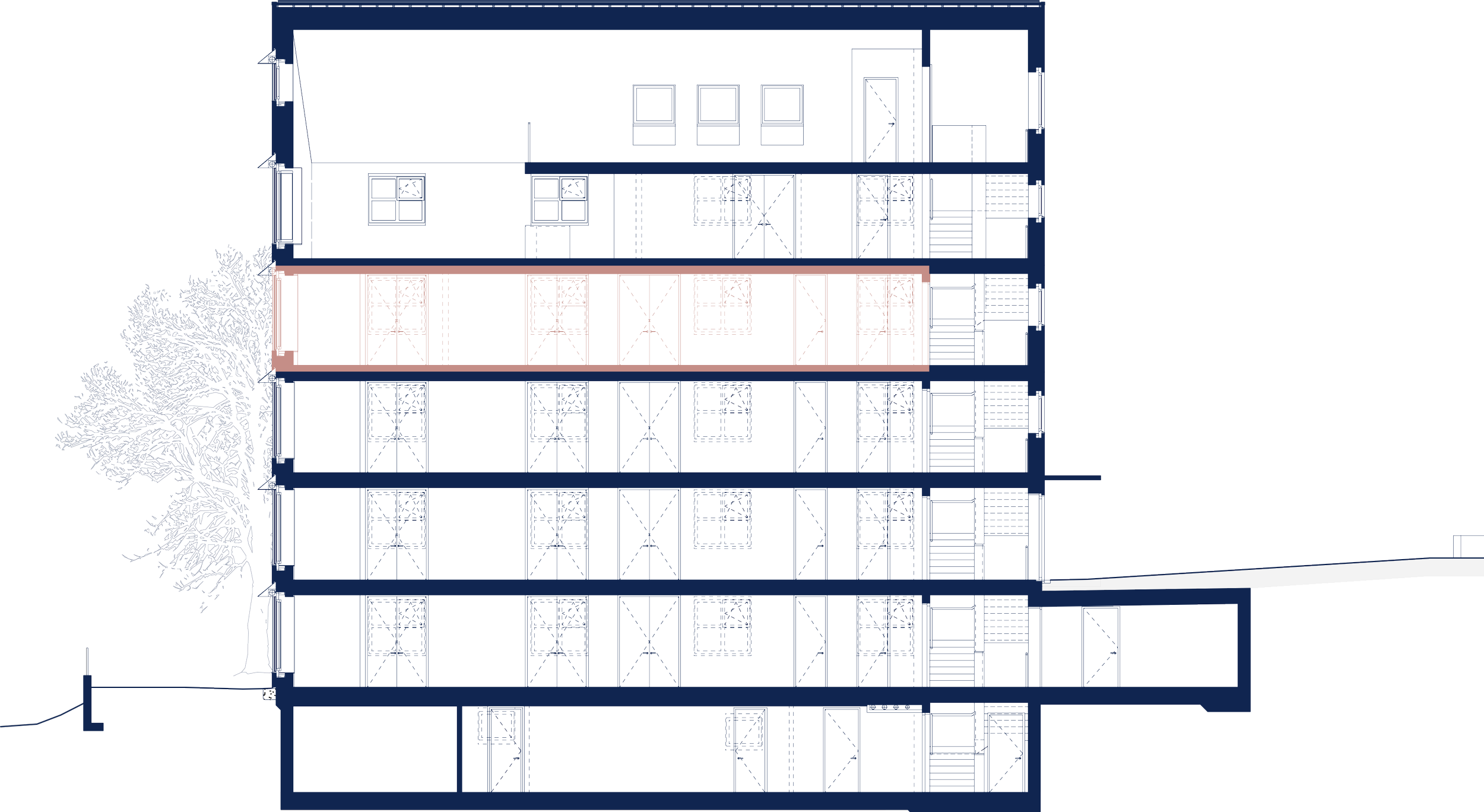 Schnittzeichnung des Atelierhaus Calanda Blick. Die Atelierwohnung 2. Etage im 2. Obergeschoss ist in rot hervorgehoben. Der Schnitt ist mit Bäumen und Terrain zusätzlich gestaltet.
