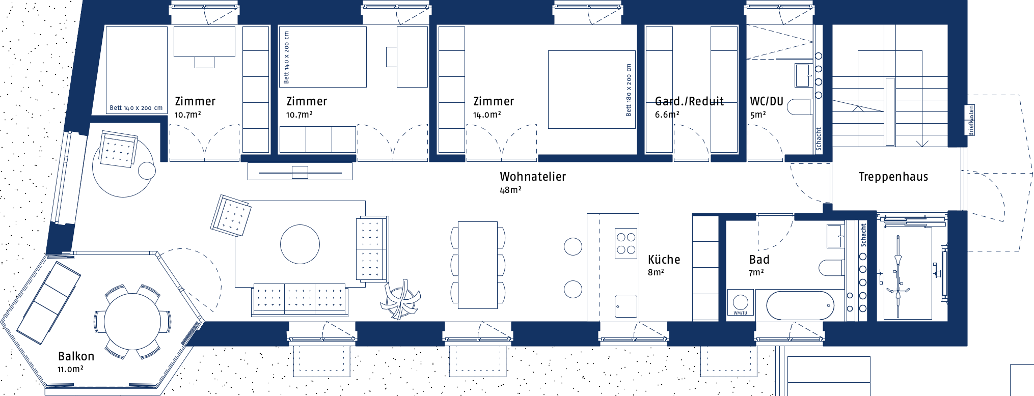 Grundriss einer Wohnung im Atelierhaus Calanda Blick. Dargestellt mit der Grundrissopiton "Mini". Mit Zimmern, dem Atelierwohnraum mit Sitzbereichen, der Küche, zwei Bäder, dem Reduit mit Garderobe, dem Balkon und dem Treppenhaus.