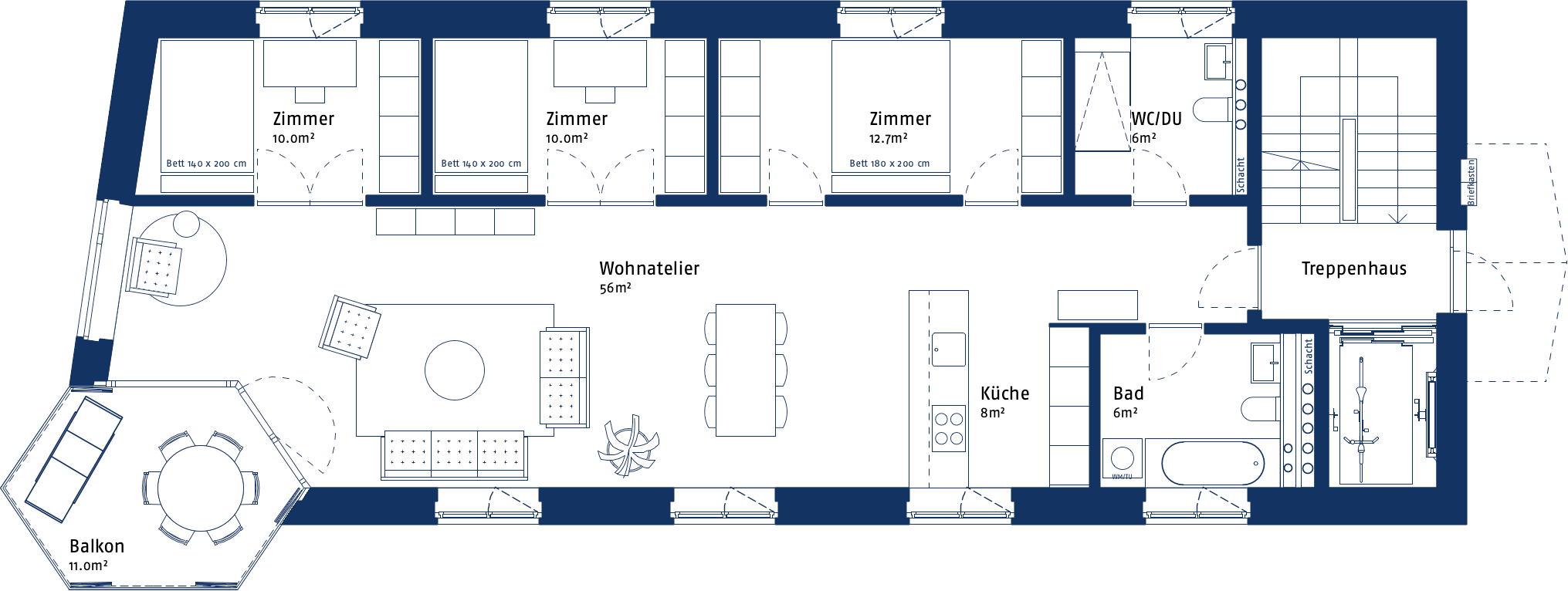 Grundriss einer Wohnung im Atelierhaus Calanda Blick. Dargestellt mit der Grundrissopiton "Midi". Mit Zimmern, dem Atelierwohnraummit Sitzbereichen, der Küche, zwei Bäder, dem Balkon und dem Treppenhaus.
