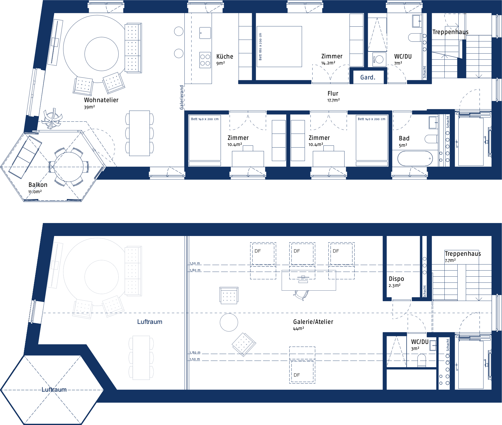 Grundriss der mehrgeschossigen Dachwohnung "Dachatelier mit Galerie" im Atelierhaus Blick. Dargestellt sind beide Geschosse in der Option "Mini". Zu sehen ist auch der Aufzug welcher direkt in die Wohnung führt.