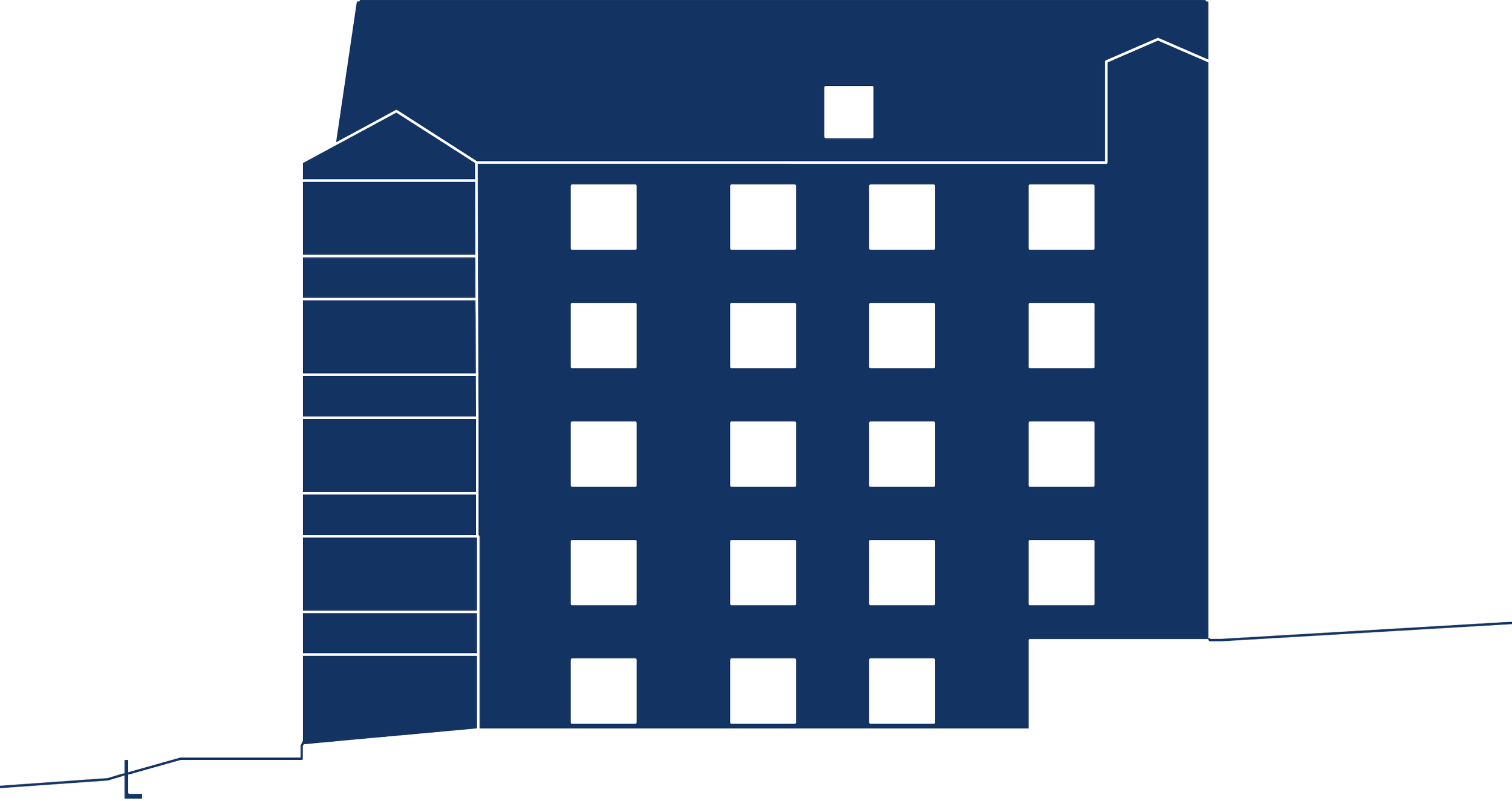 Ein abstrahierte, grafisch blau eingefärbte, südseitige Fassade des Neubau Atelierwohnhaus Calanda Blick, mit dem Terrain, den Balkonen und den südseitigen Fenstern.