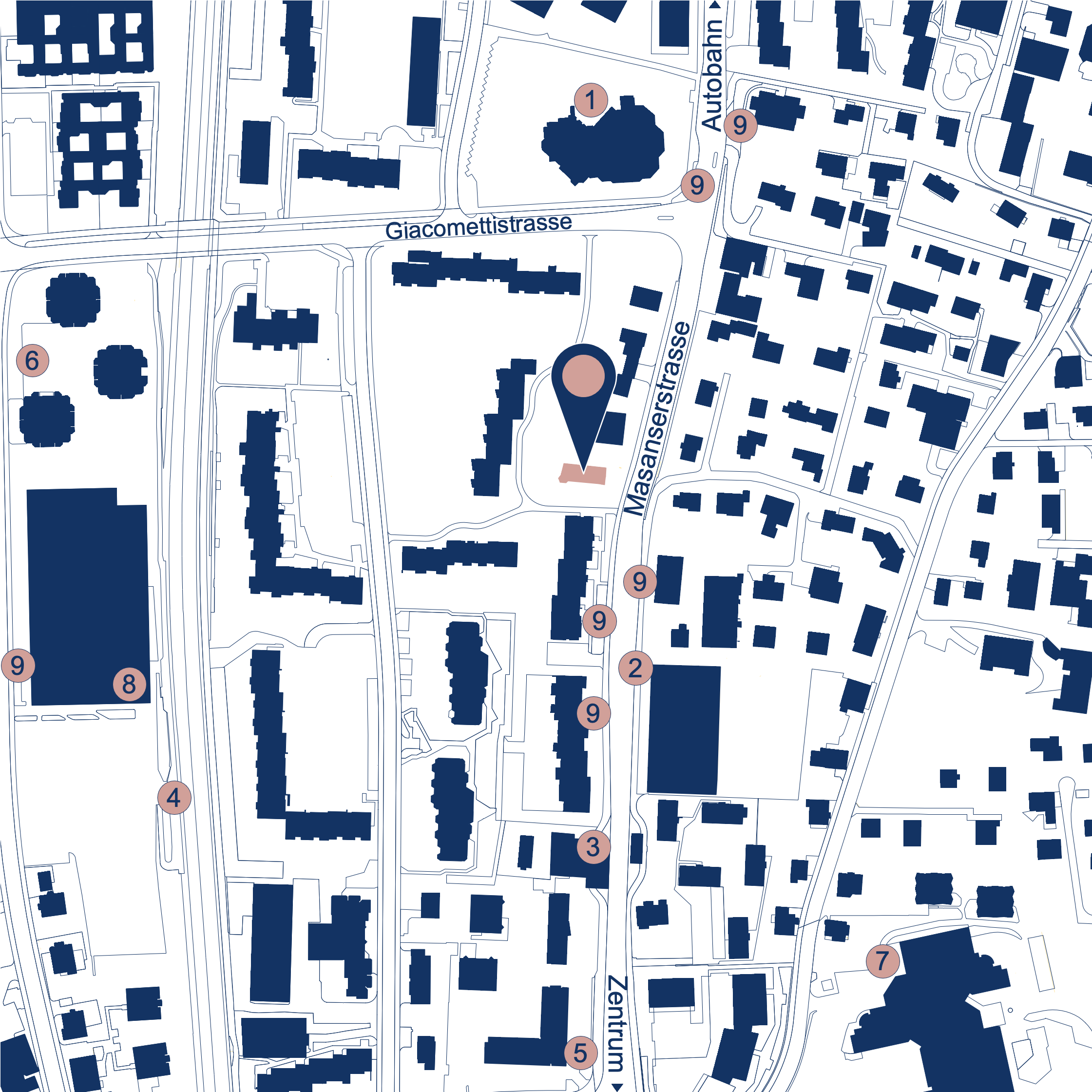 Eine Karte des Churer Stadtteils Masans mit markierten wichtigen Orten und Strassennamen. Zudem ist der Projektstandort gekennzeichnet.