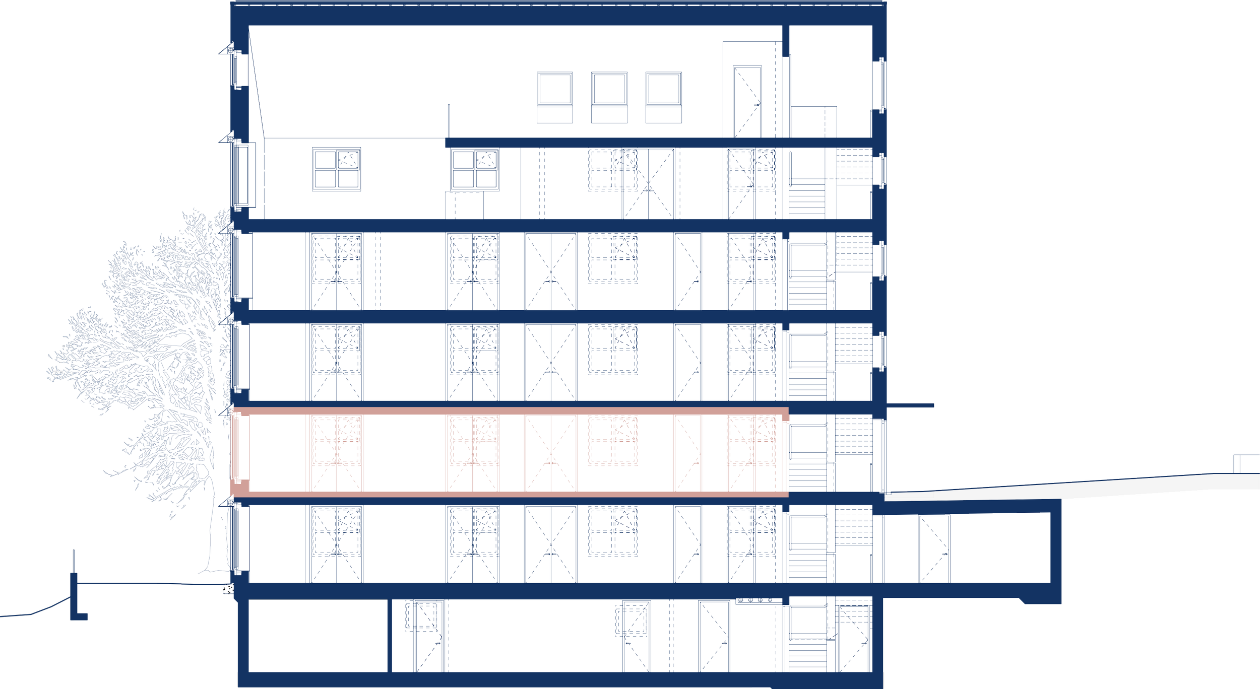 Schnittzeichnung des Atelierhaus Calanda Blick. Die Atelierwohnung Hochparterre im Erdgeschoss ist in rot hervorgehoben. Der Schnitt ist mit Bäumen und Terrain zusätzlich gestaltet.