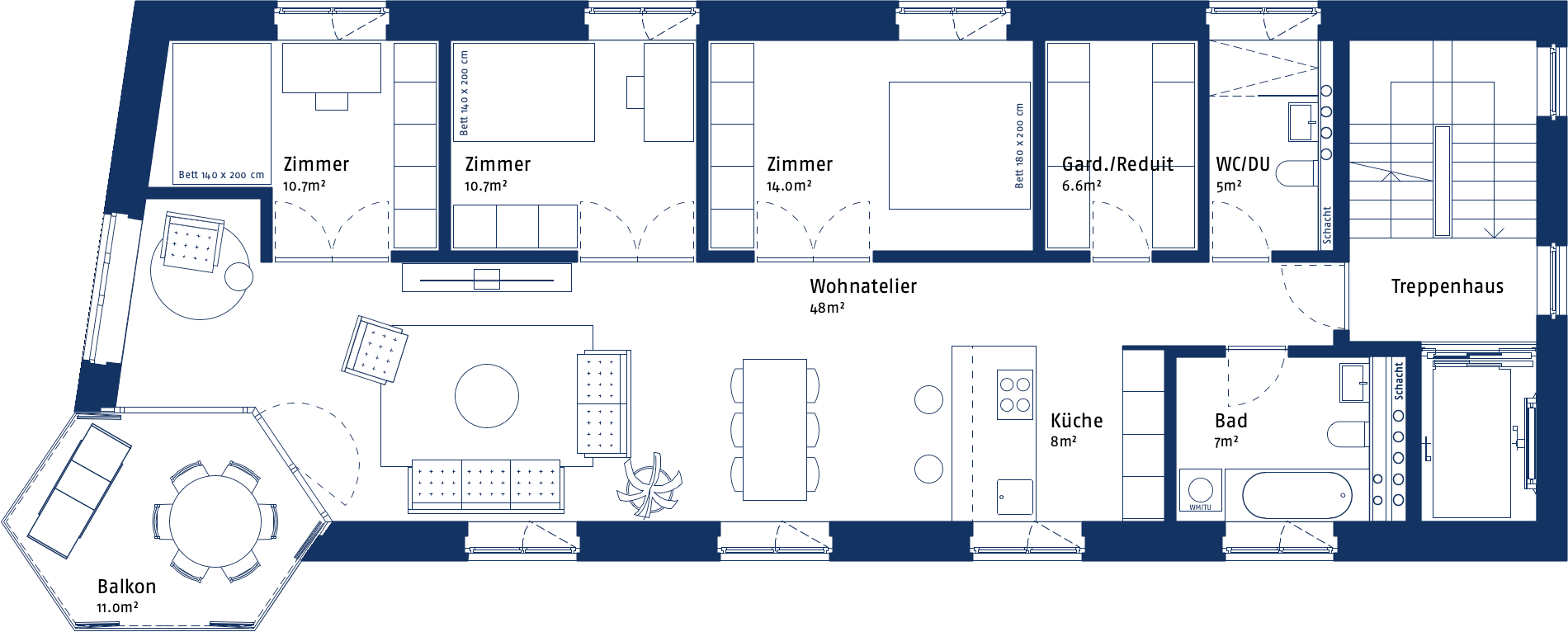 Grundriss einer Wohnung im Atelierhaus Calanda Blick. Dargestellt mit der Grundrissopiton "Mini". Mit Zimmern, dem Atelierwohnraum mit Sitzbereichen, der Küche, zwei Bäder, dem Reduit mit Garderobe, dem Balkon und dem Treppenhaus.