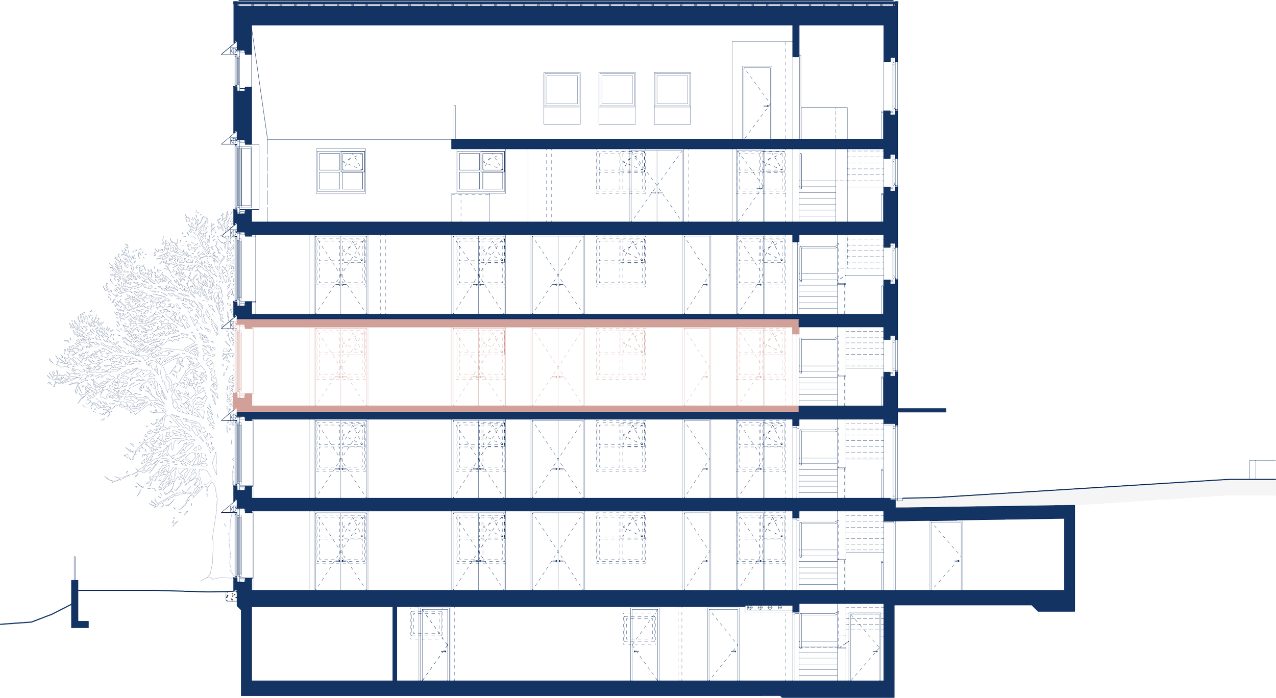 Schnittzeichnung des Atelierhaus Calanda Blick. Die Atelierwohnung 1. Etage im 1. Obergeschoss ist in rot hervorgehoben. Der Schnitt ist mit Bäumen und Terrain zusätzlich gestaltet.
