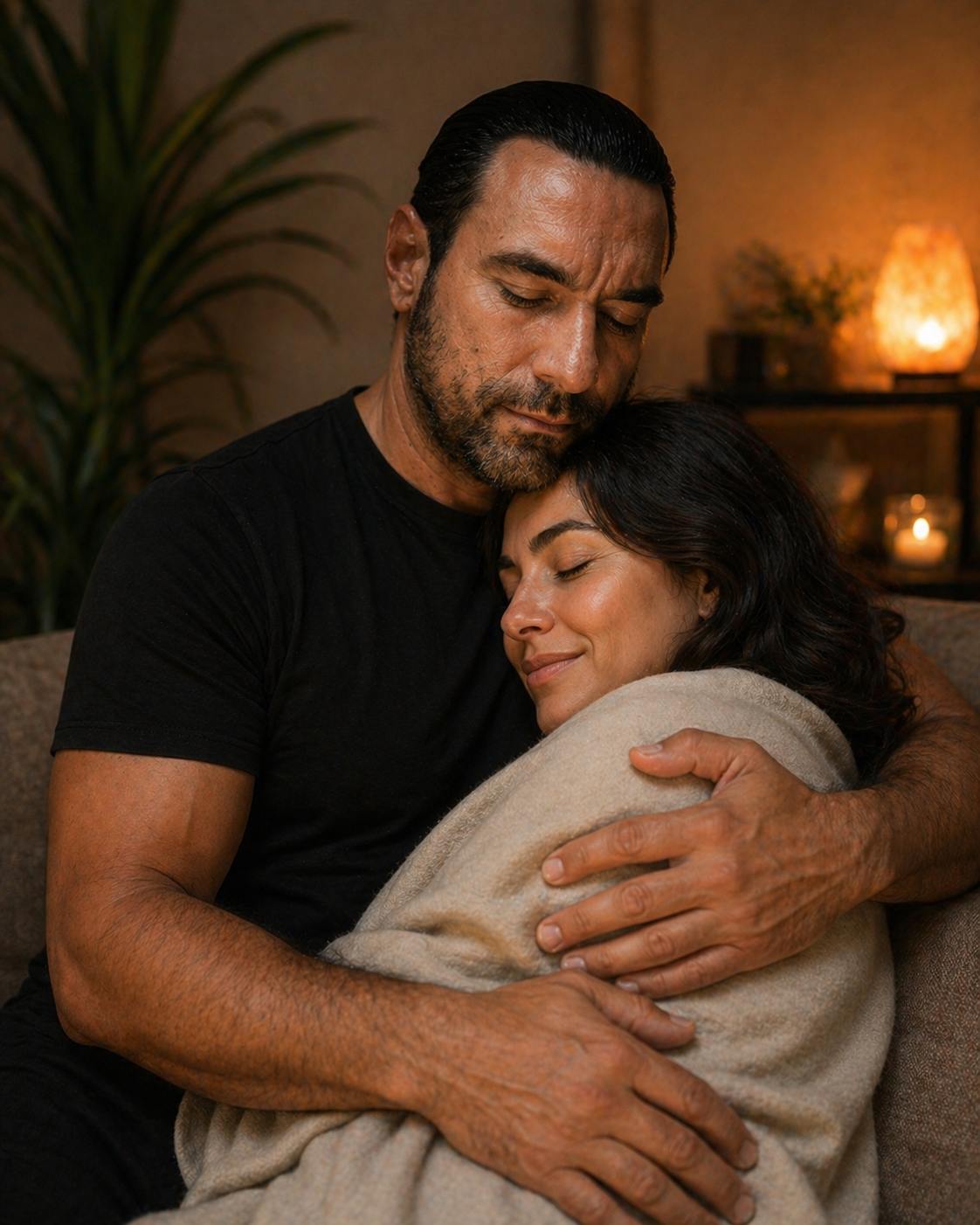 A man and woman sharing an embrace on a couch, with eyes closed and content expressions, in a cozy, warmly lit room.