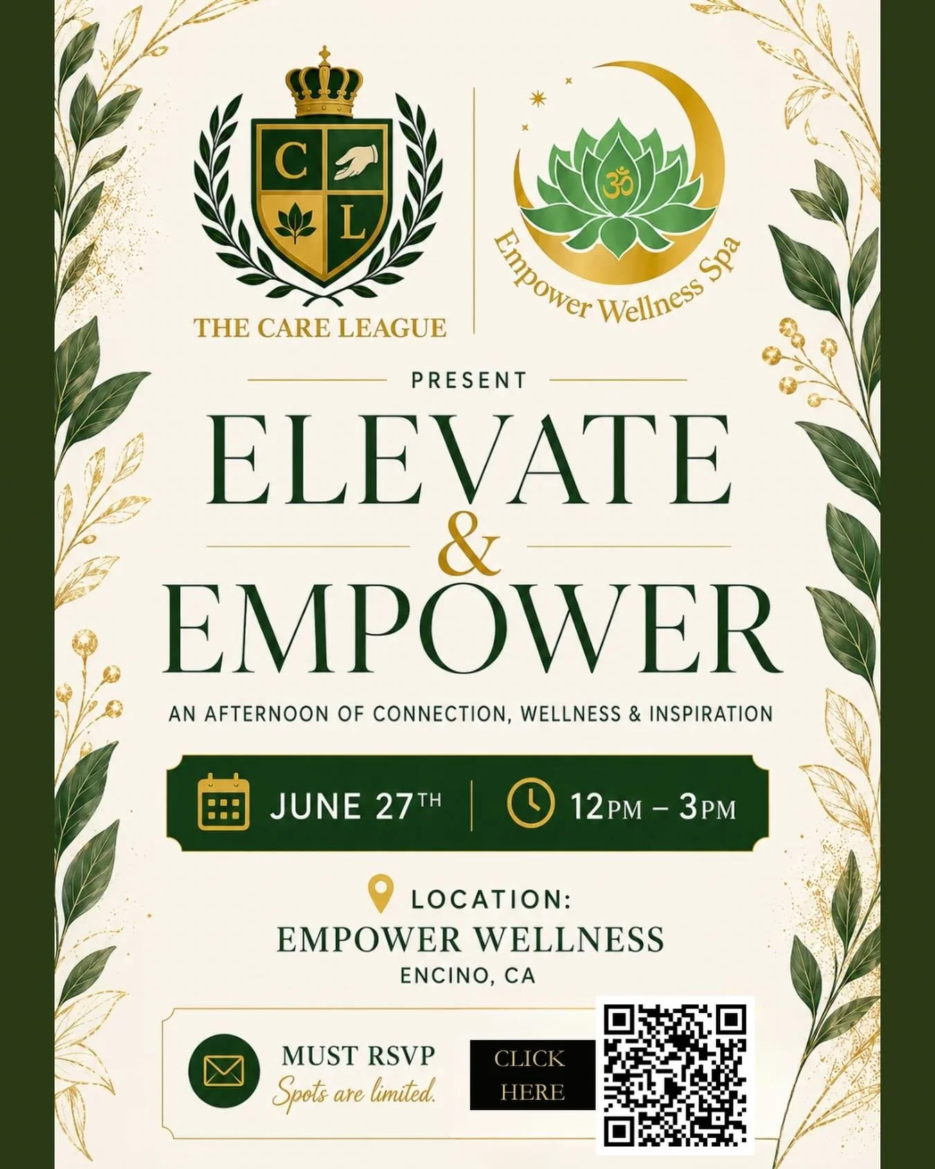 ✨ Join us for an afternoon designed to inspire, connect, and elevate. ✨

The Care League and Empower Wellness invite you to Elevate &amp; Empower, a curated wellness and networking experience bringing together professionals, entrepreneurs, athletes, 
