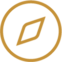 A minimalist circular logo with a stylized leaf or diamond shape inside, in gold on a black background.