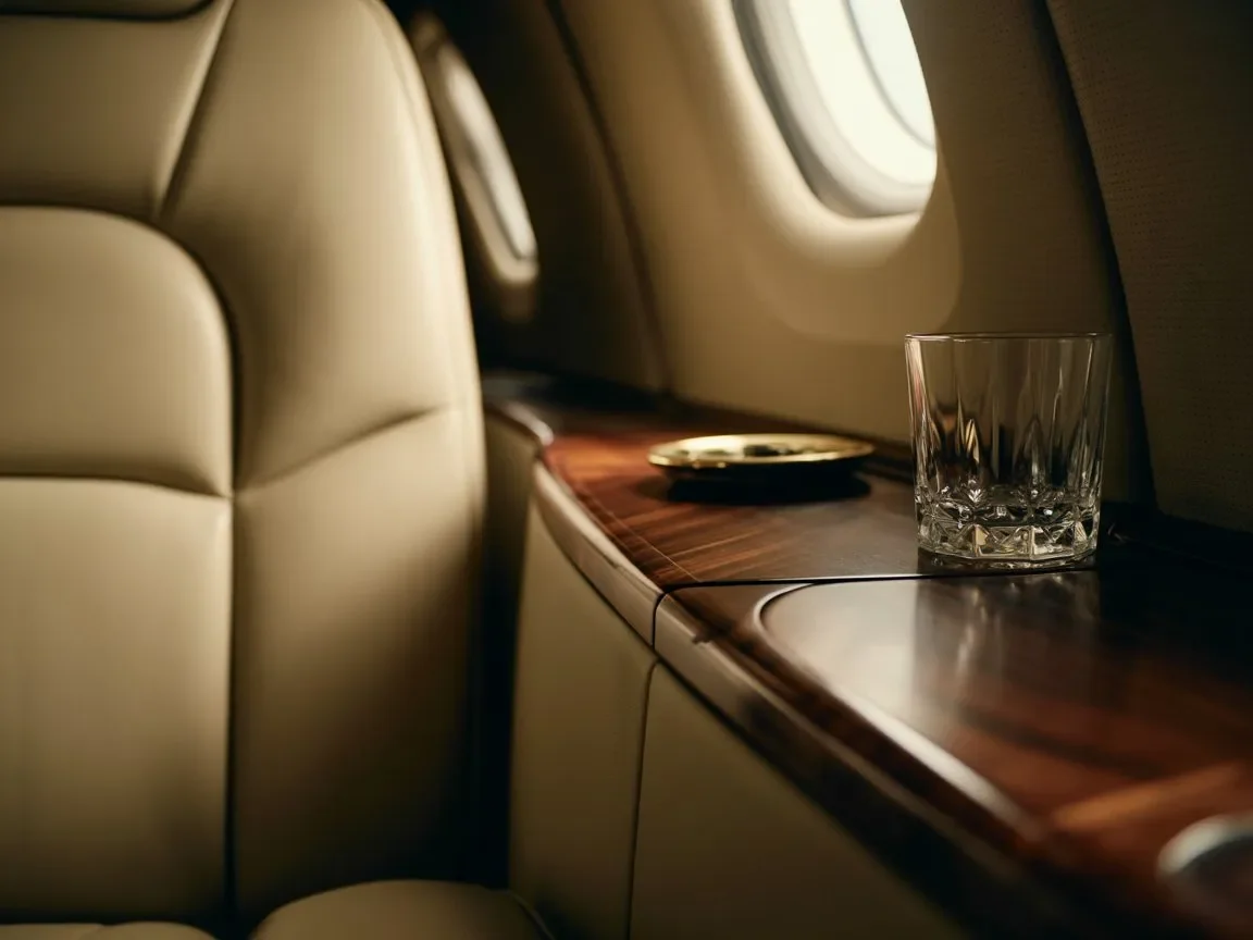 Empty glass and a tray on a wooden airplane window sill.