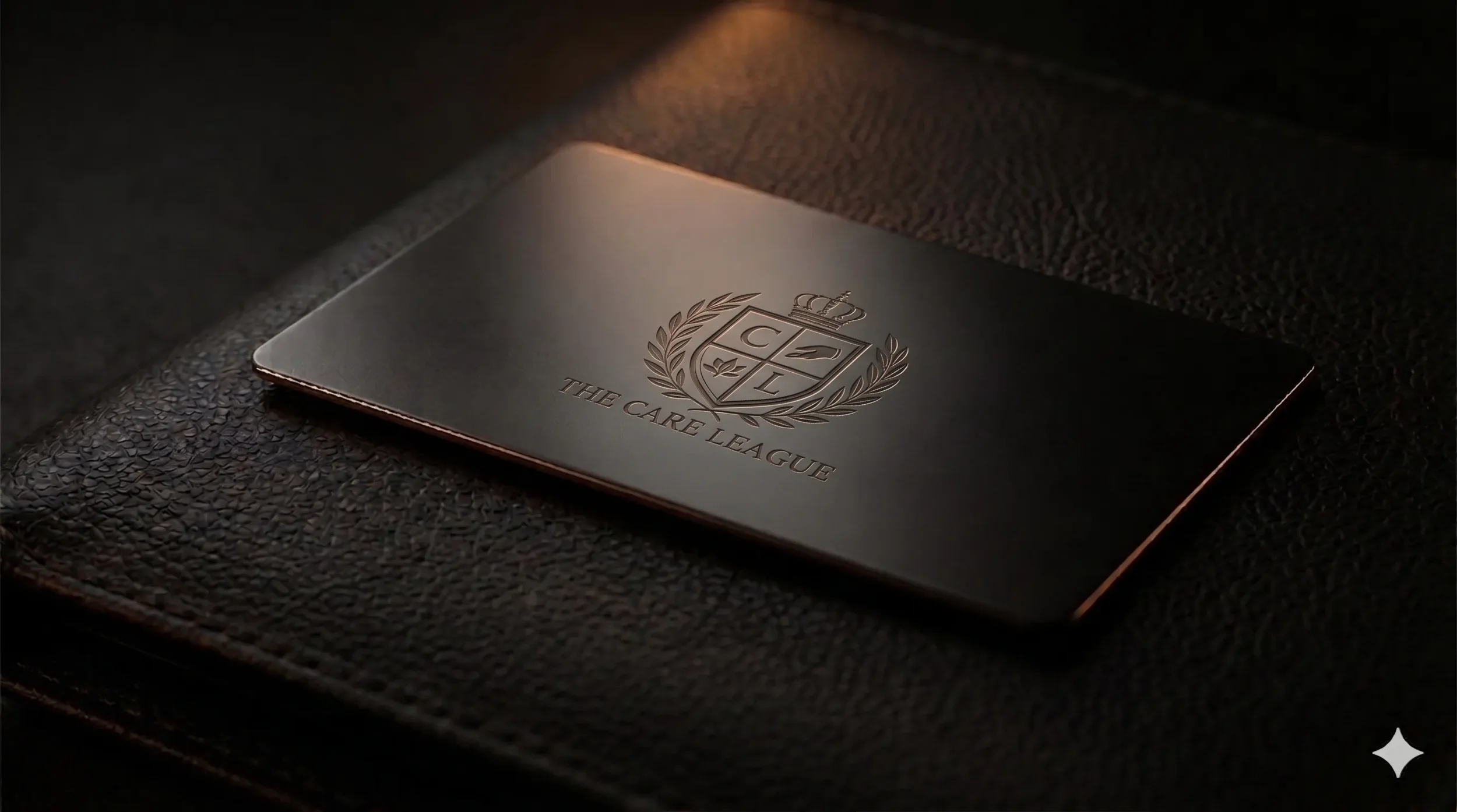A metallic card with the logo and text "The Care League" embossed on it, placed on top of a dark textured surface.