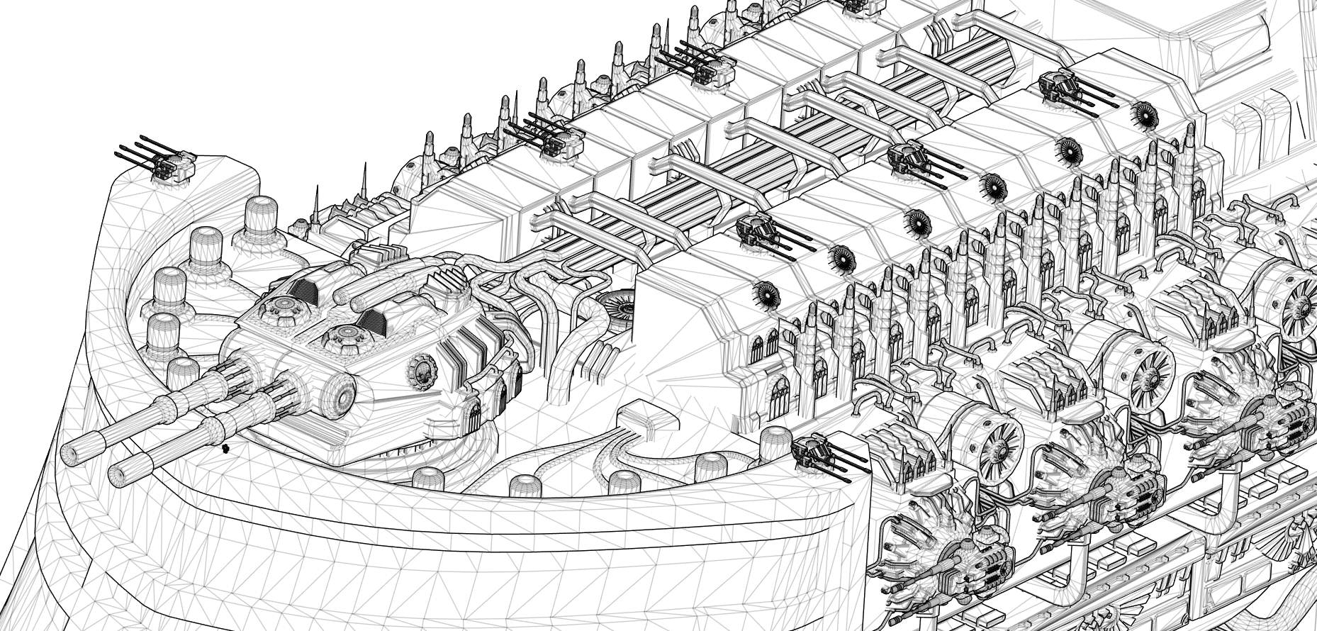 A close up digital wireframe of a large Warhammer 40k Claymore Corvette-inspired spaceship's top hull surface, with multiple turrets and complex machinery.