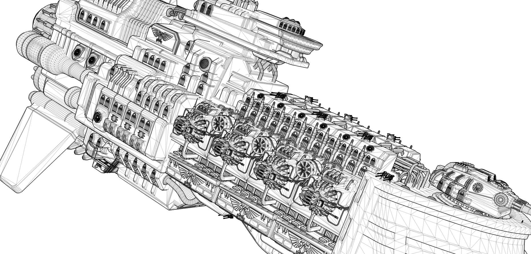 A detailed digital wireframe drawing of a large Warhammer 40k Claymore Corvette-inspired spaceship with complex machinery, turrets, and decorative elements.