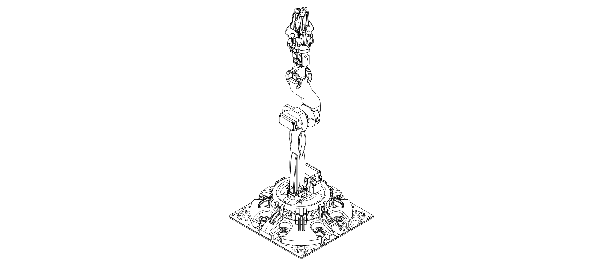 Line drawing of a mechanical robotic arm mounted on a square base with intricate details.