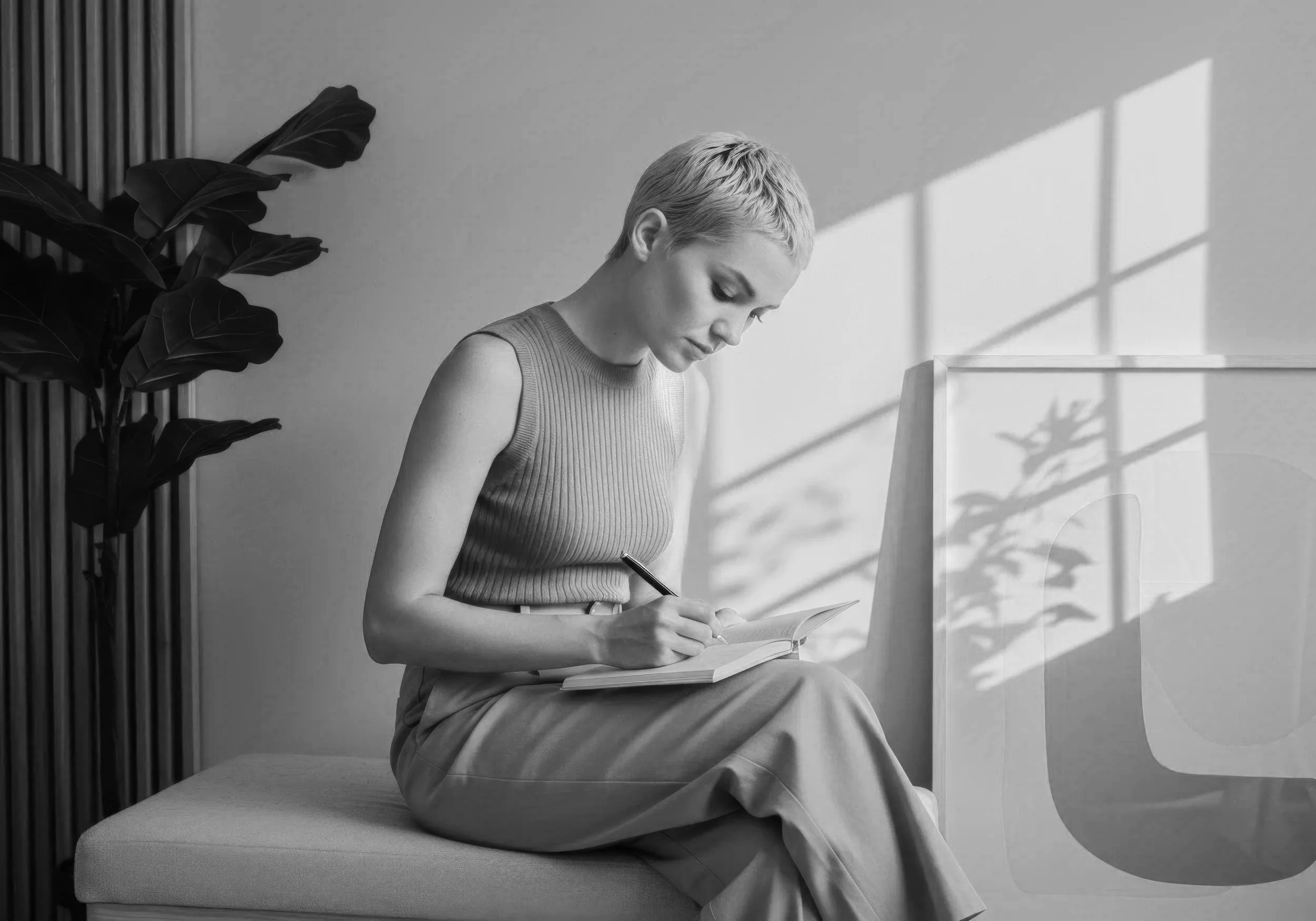 A woman with short hair sitting on a cushioned bench, writing in a notebook, with a large window casting shadows on the wall beside her.
