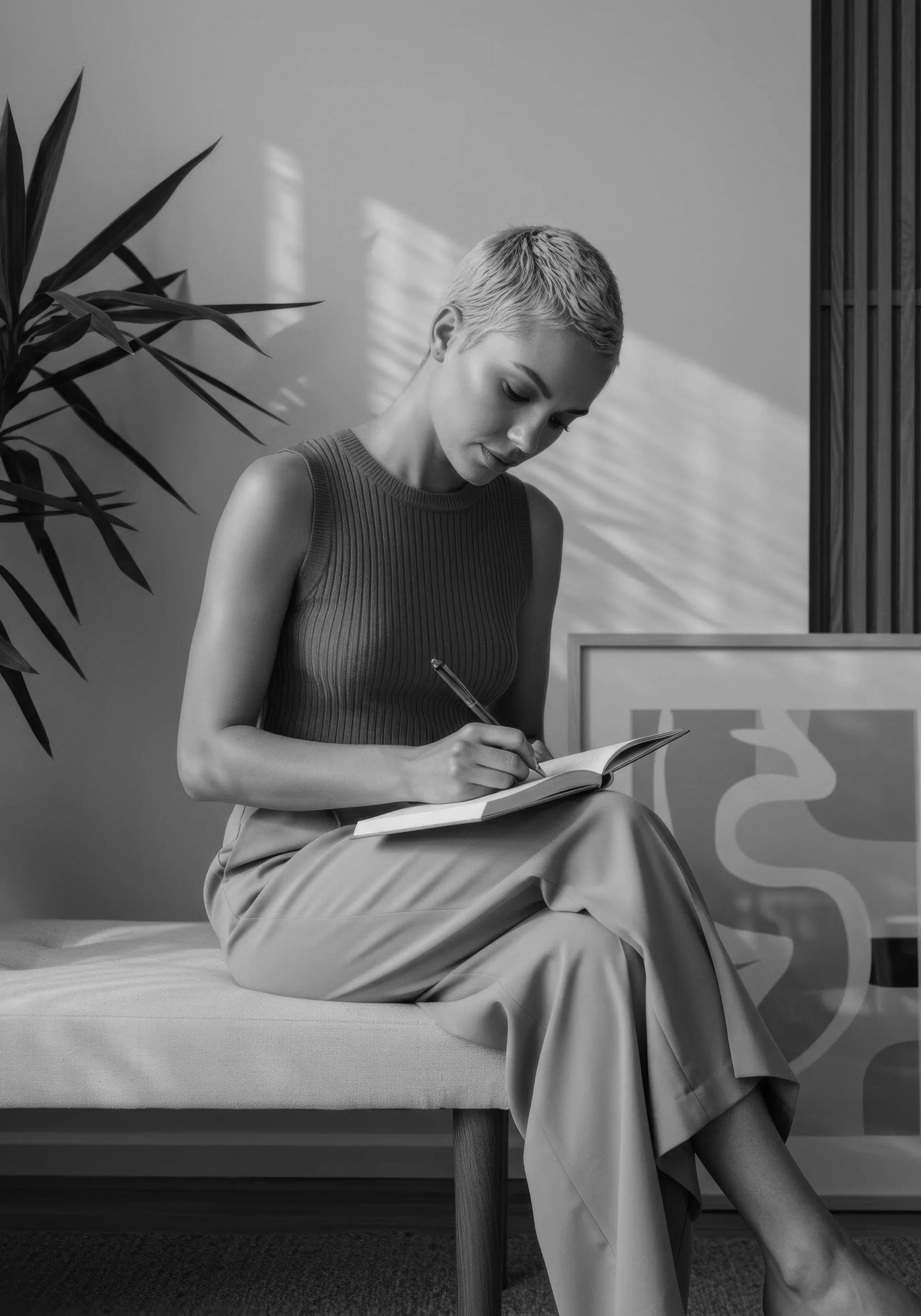 A woman with short, light-colored hair sitting on a bench, writing in a notebook. There is a plant on the left side and a framed poster or board behind her with the partial word 'YES'.